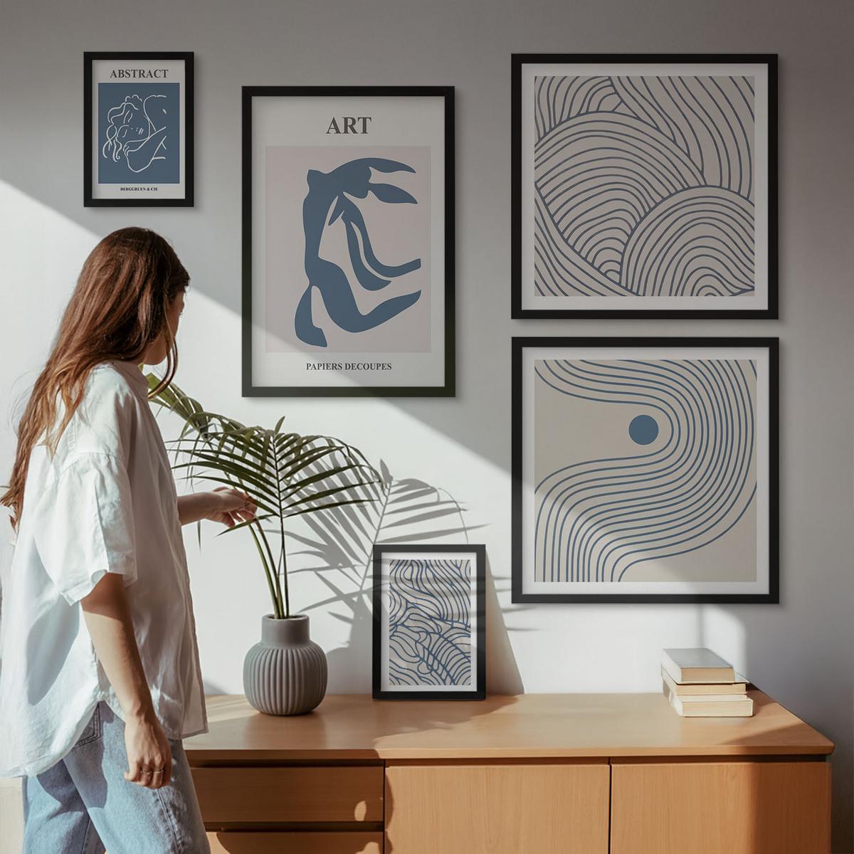 BILDER SET 5er Set - 50x50 cm & 20x30 cm & 40x60 cm Schwarzer Rahmen - Abstrakte blaue Linien - Schwarz, Kunststoff (40/60cm) - TULUP