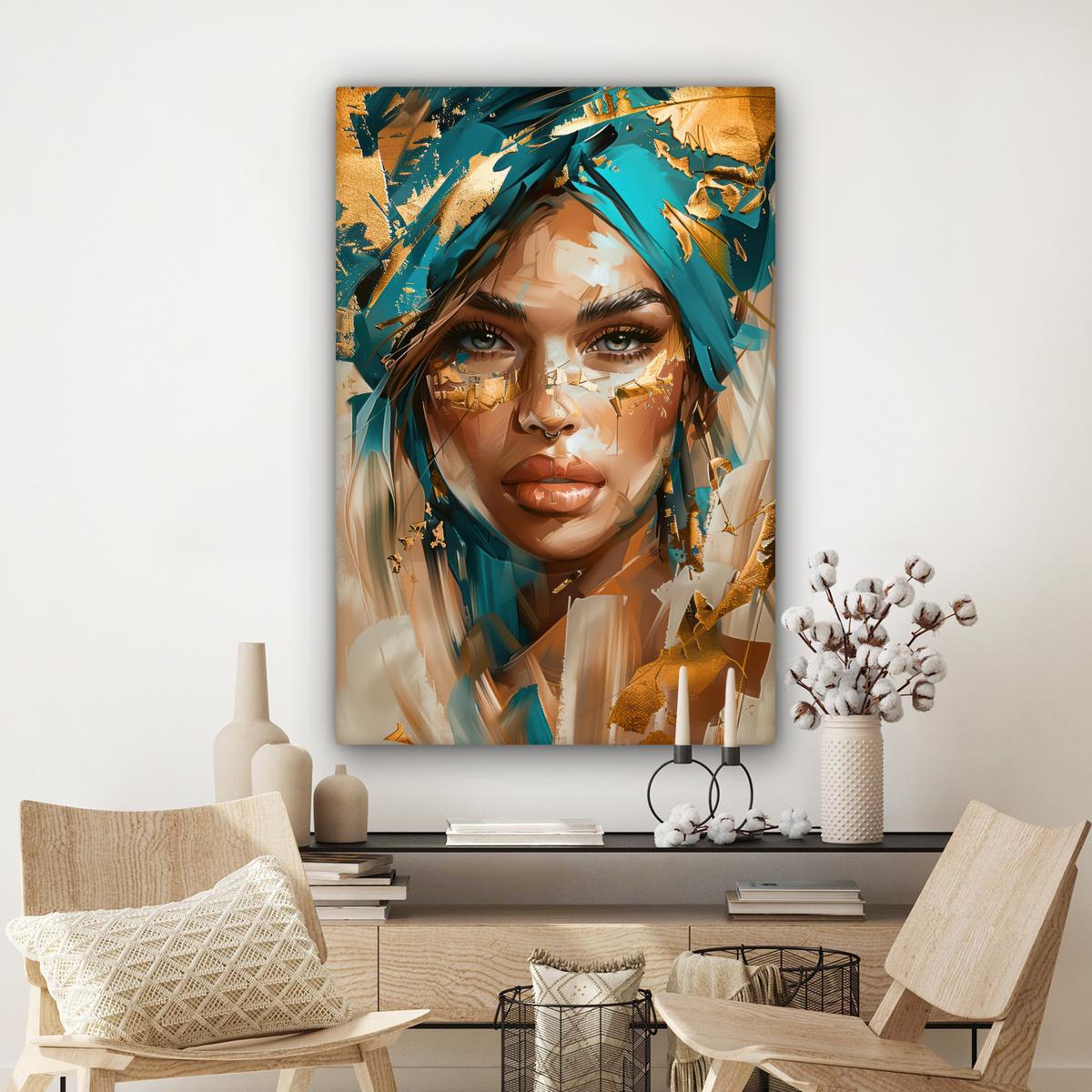 LEINWANDBILD Frau - Porträt - Gold - Luxus - Blau Deko XXL 80x120 cm - Türkis, Textil (80/120cm) - MuchoWow