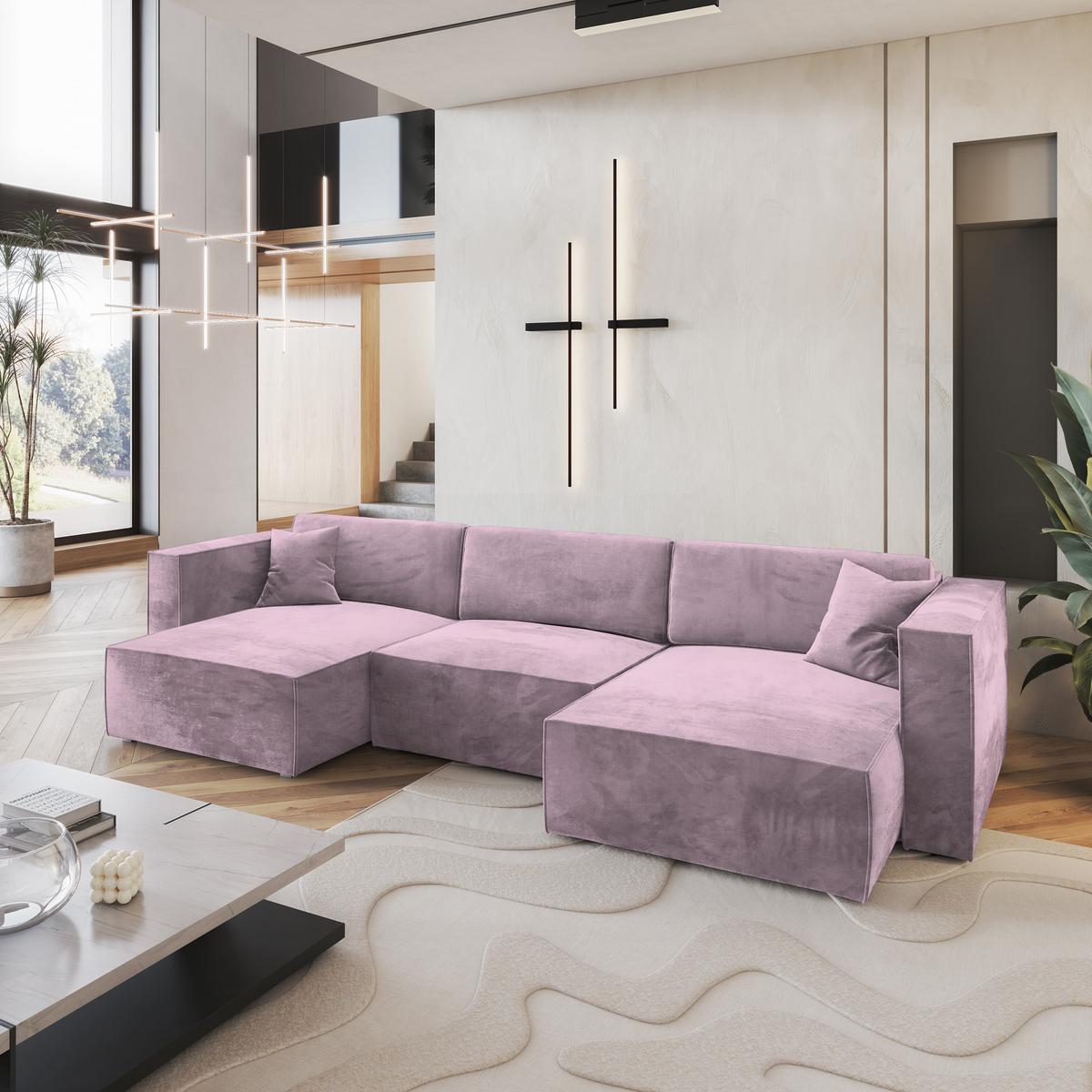 WOHNLANDSCHAFT SARMO M Lila Velours-Stoff mit Schlaffunktion - Lila/Grau, Holz/Kunststoff (347/70/148cm) - MASSENO
