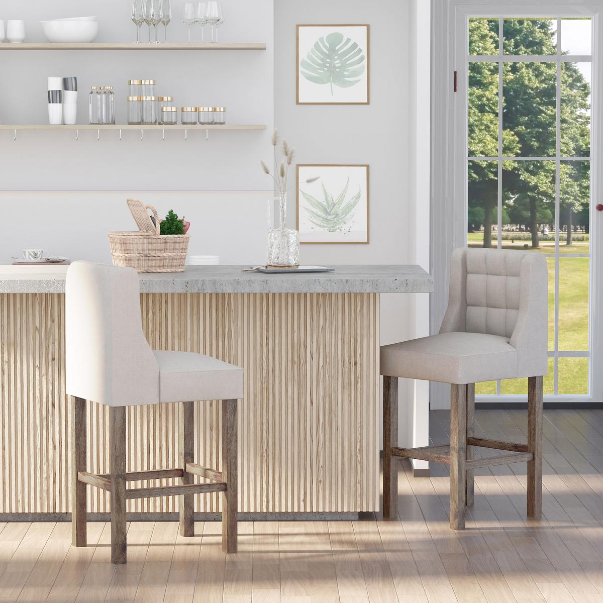 2ER-SET Barhocker moderne Küchenstühle Barstühle für Küche Leinen-Touch Holz - Beige/Weiß, Holz/Kunststoff (50/101/47cm) - HOMCOM