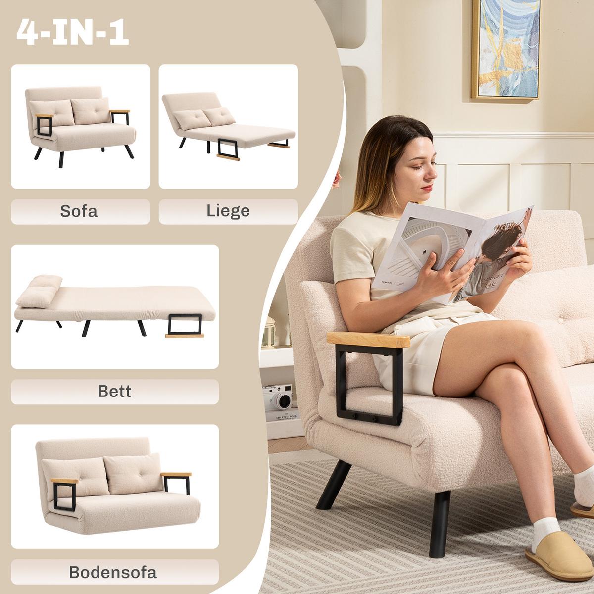 SCHLAFSOFA, Zweisitzer mit Bettfunktion, Schlafcouch mit Samtoptik, Rückenkissen - Beige/Schwarz, Holz/Textil (73/81/102cm) - HOMCOM