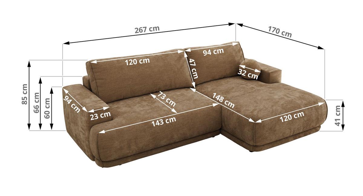 ECKSCHLAFSOFA RINA L Braun Schenille glatt - rechts - Schwarz/Braun, Kunststoff/Textil (170/267cm) - MKS