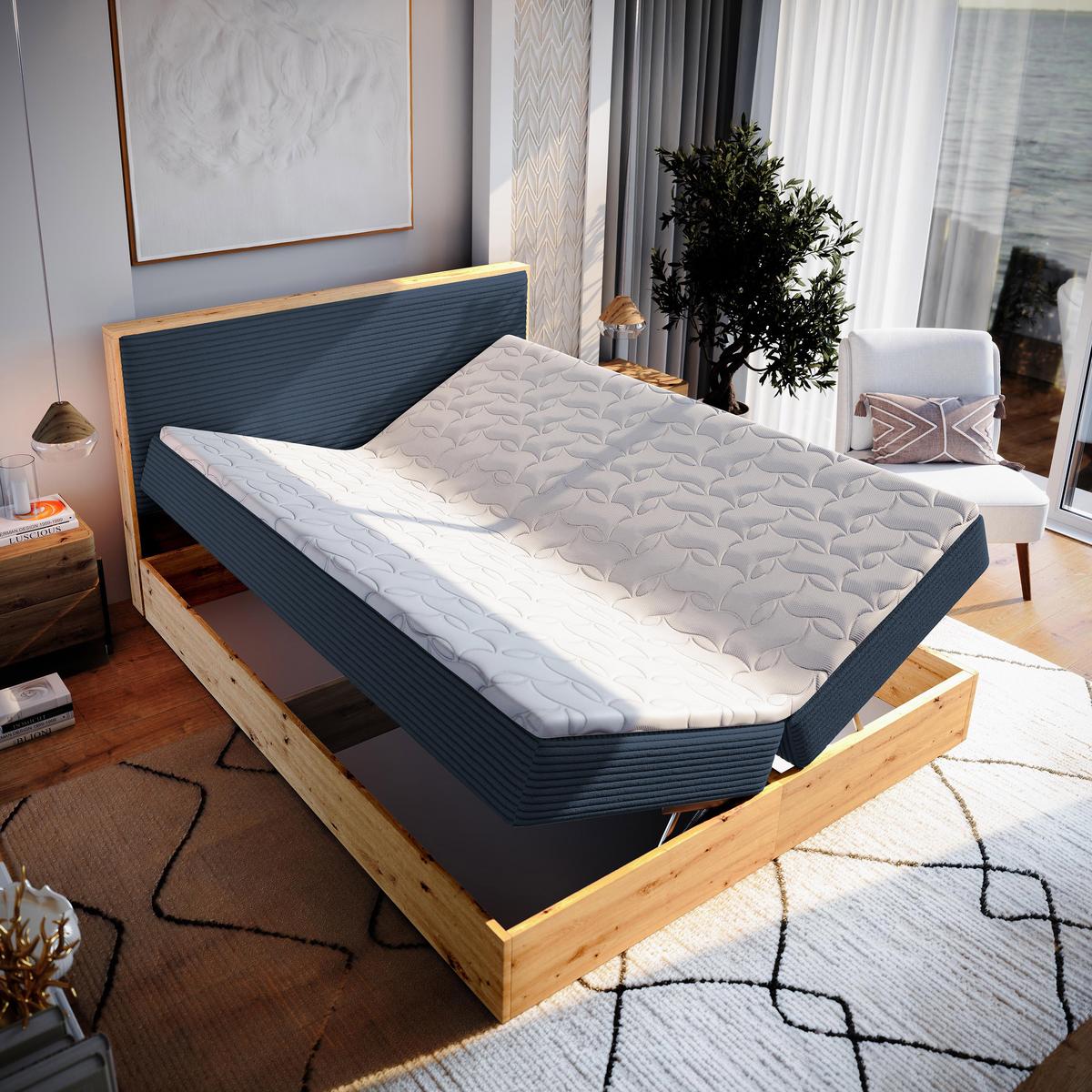 BOXBETT VERDON 160x200 cm mit Matratze und Topper - Blau - Blau, Holz (160/200cm) - MASSENO
