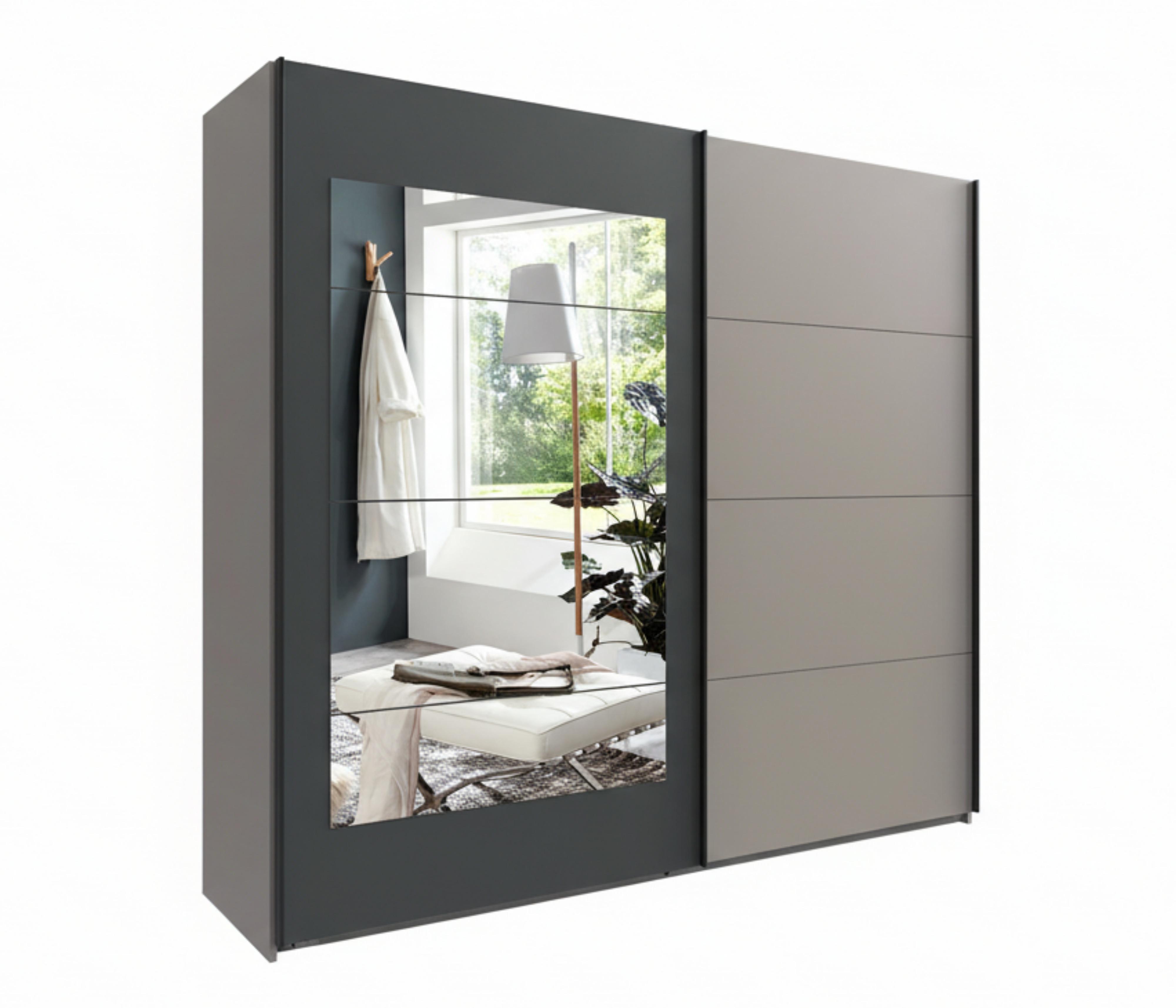 SCHWEBETÜRENSCHRANK 2-türig B225/H208/T65 cm, Kleiderschrank in Sandgrau mit Rahmenspiegel auf Tür in Anthrazit / 22009 - Sandfarben/Anthrazit, Holzwerkstoff/Metall (225/208/65cm) - luma-home