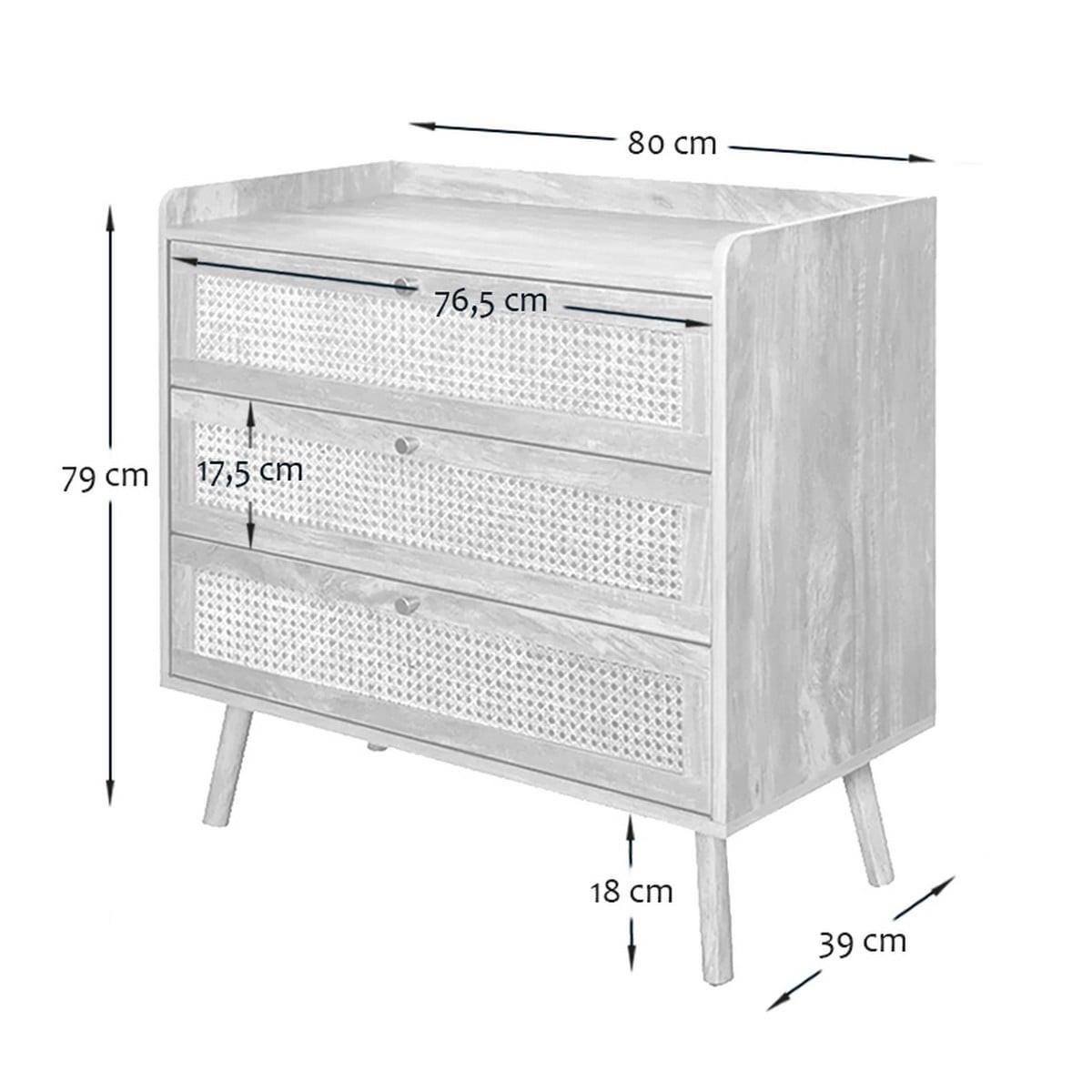 KOMMODE mit 3 schubladen und fronten aus natürlichem rattan - palmo 80/39/79 cm - Eschefarben, Holzwerkstoff (80/79/46cm) - Calicosy