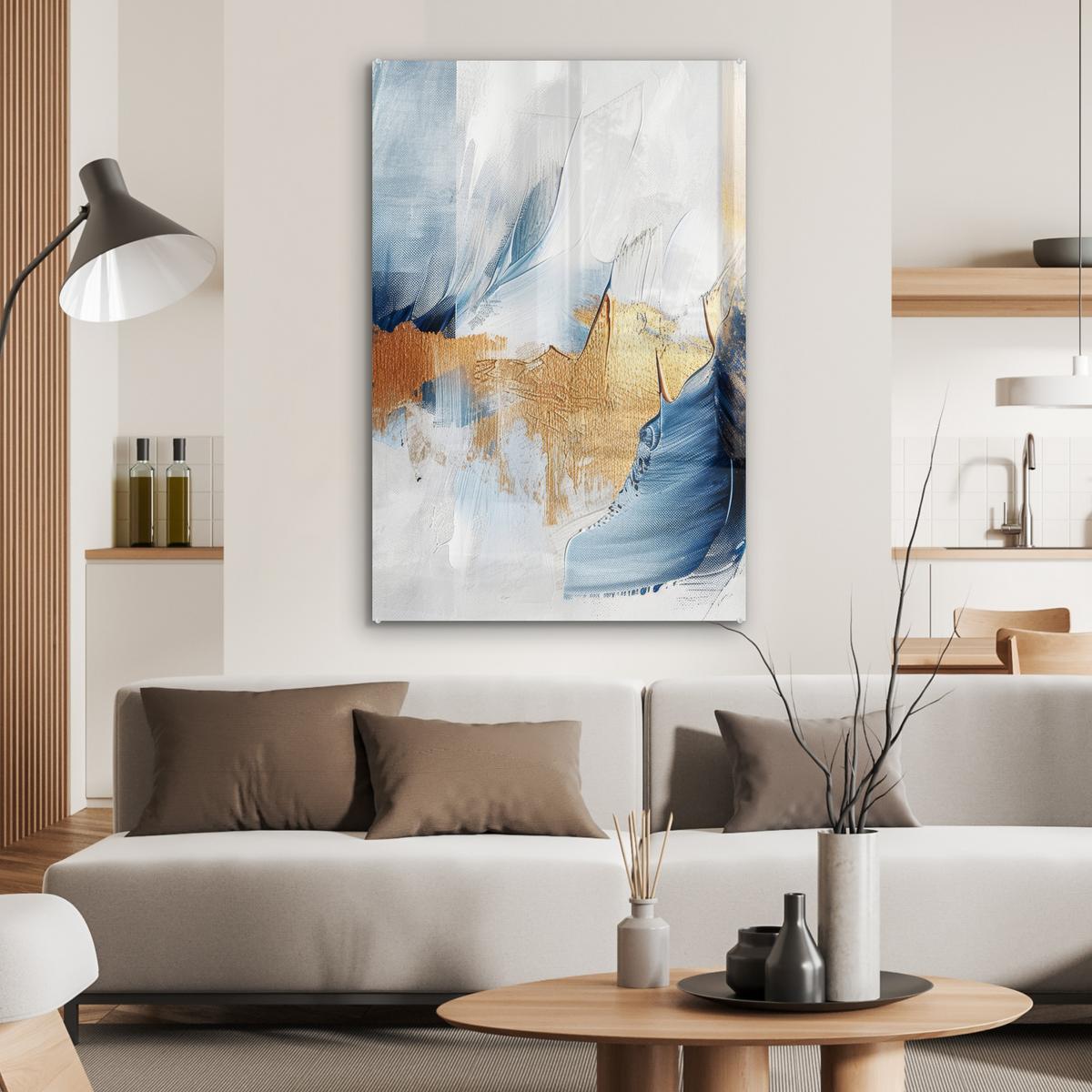 ACRYLGLASBILD Gold - Blau - Aquarell - Kunst - Modern 80x120 cm - Hellblau, Glas (80/120cm) - MuchoWow