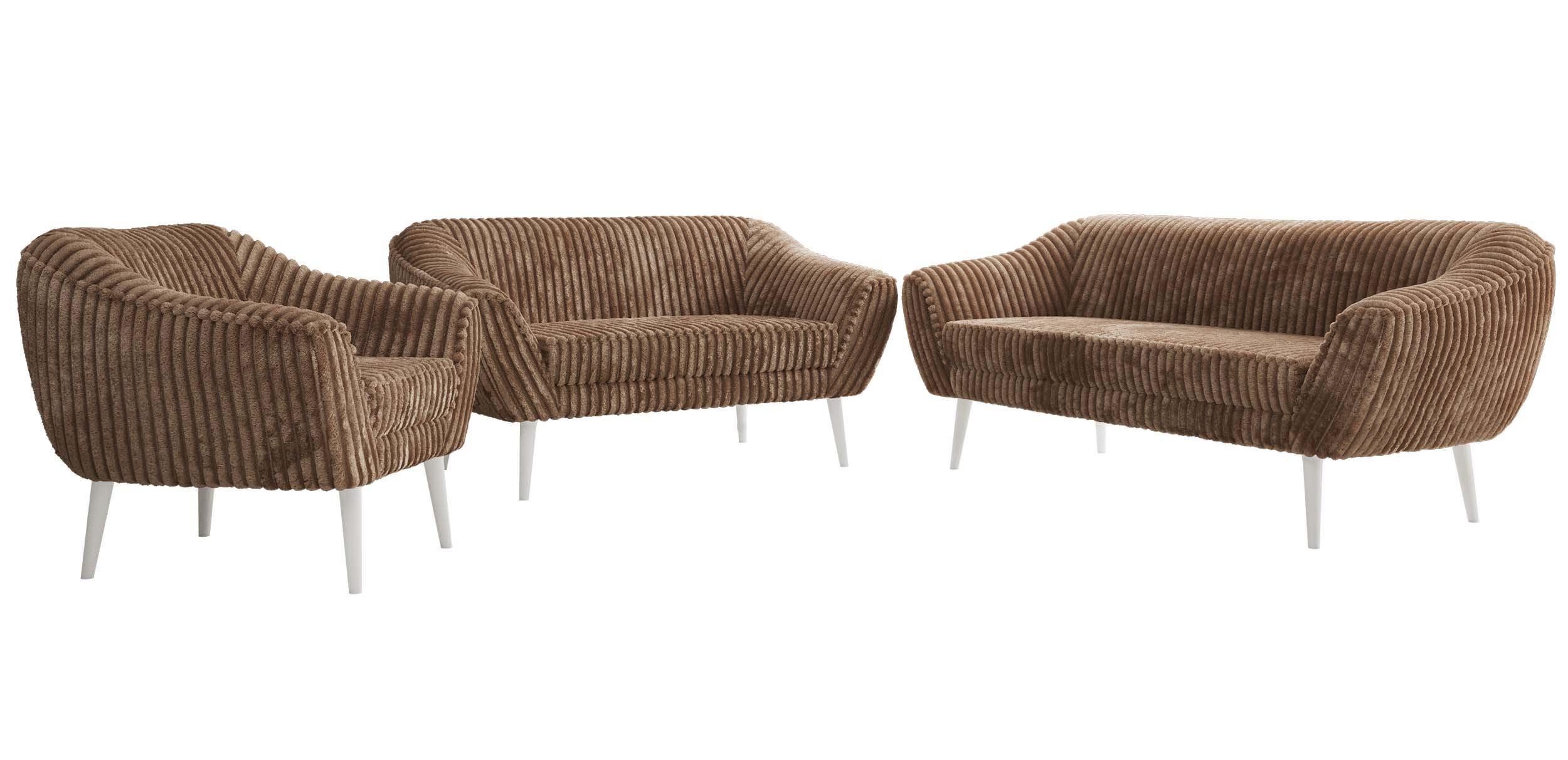 SITZGARNITUR PIRS 3+2+1 - Braun Cord - Weiße Beine - Braun/Weiß, Holzwerkstoff/Textil (180/75/74cm) - MKS