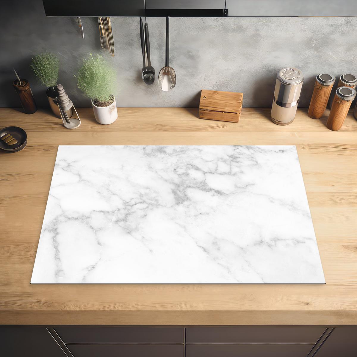 HERDABDECKPLATTE Marmor - Grau - Weiß - Strukturierter Marmor Induktionsmatte 77x51 cm - Weiß, Kunststoff (77/51/0.2cm) - MuchoWow