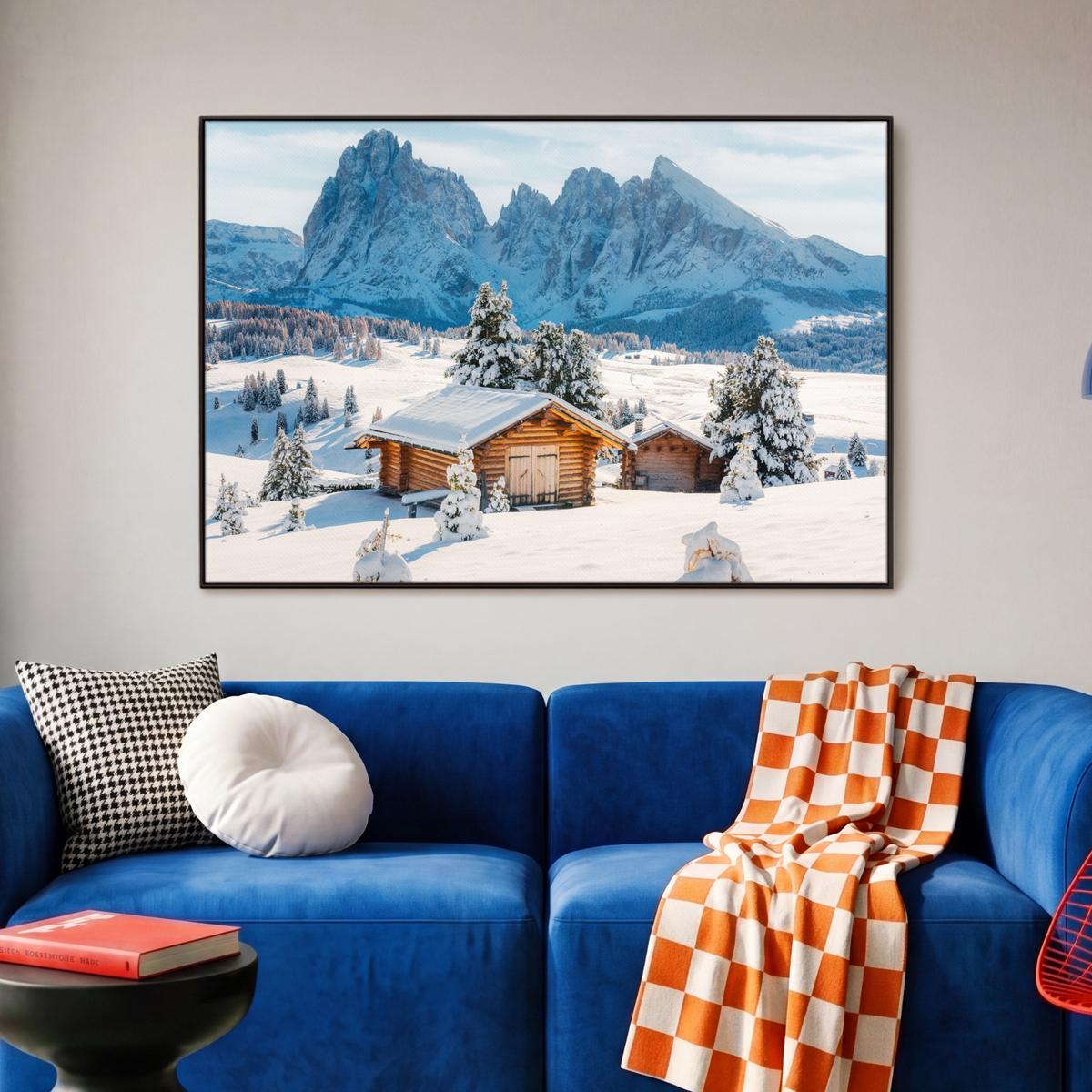 LEINWAND Bilder mit Rahmen - Winter - Hütte - Berge - Aussicht - Schnee - 90x60 - Eichefarben, Textil (90/60cm) - MuchoWow