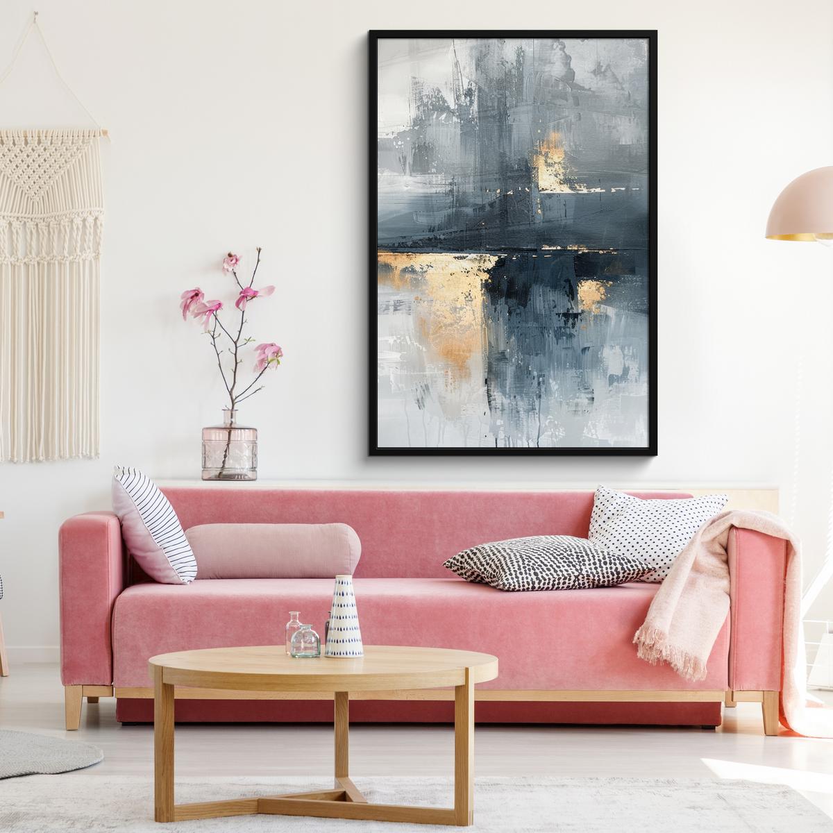 POSTER MIT RAHMEN Kunst - Grau - Gold - Abstrakt Bilderleiste 80x120 cm - Dunkelgrau, Papier (80/120cm) - MuchoWow