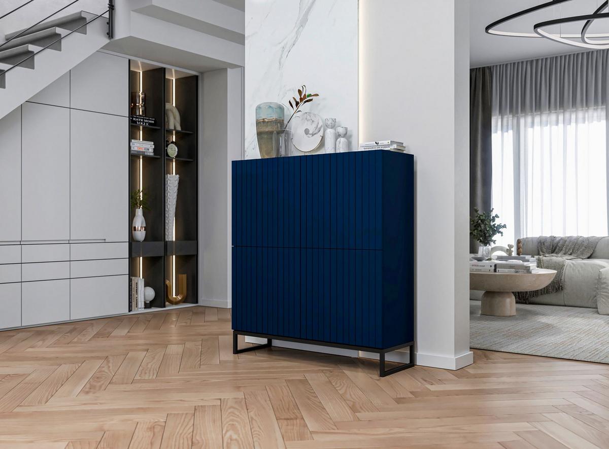 KOMMODE Elpis 4D Marineblau Matt mit metallrahmen Glamour 112 cm - Blau/Schwarz, Holzwerkstoff/Metall (112/126/36.5cm) - Meble Lindner