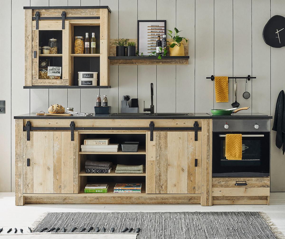 KÜCHENZEILE in Used Wood, anthrazit 204 cm, Küchenschrank Set mit Soft-Close - Anthrazit/Schwarz, Glas/Holzwerkstoff (264/200/64cm) - Furn.Design