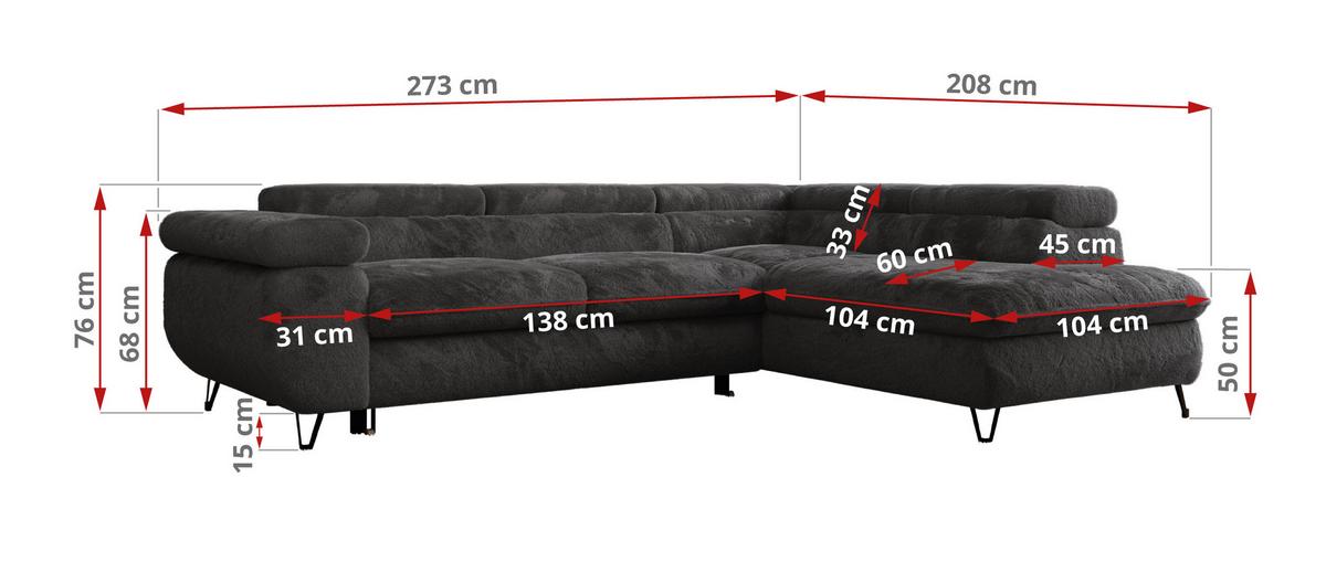 ECKSOFA PEDRO L Anthrazit Plüsch - Links Seite - Anthrazit/Schwarz, Textil/Metall (208/273cm) - MKS