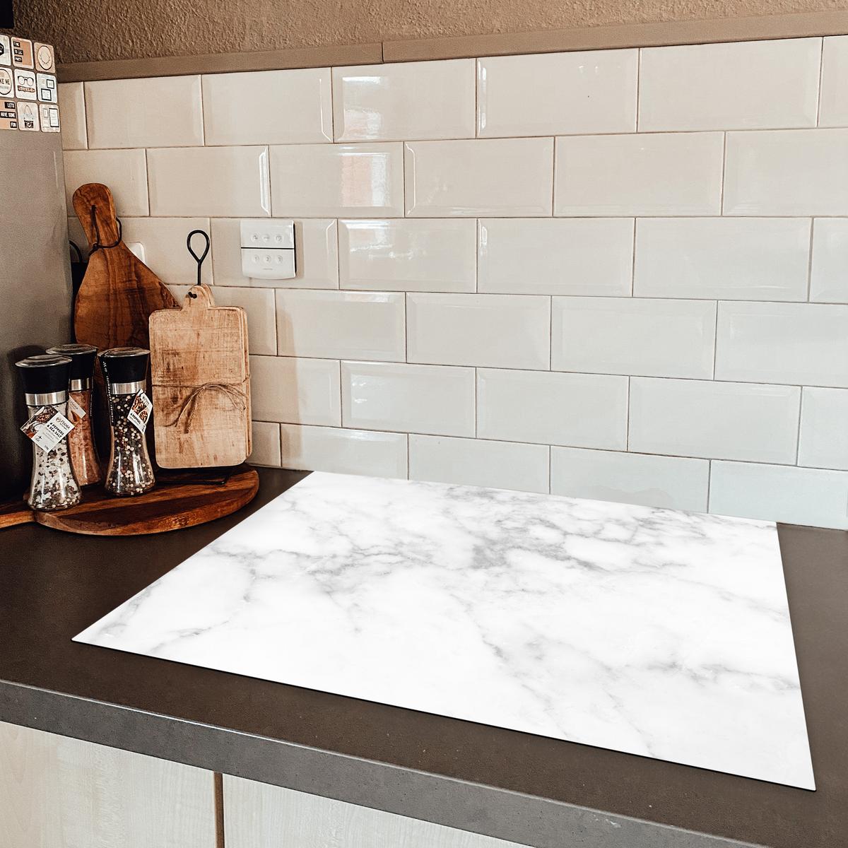 HERDABDECKPLATTE Marmor - Grau - Weiß - Strukturierter Marmor Herdabdeckung Induktionsfeld 70x52 cm - Weiß, Kunststoff (70/52/0.2cm) - MuchoWow