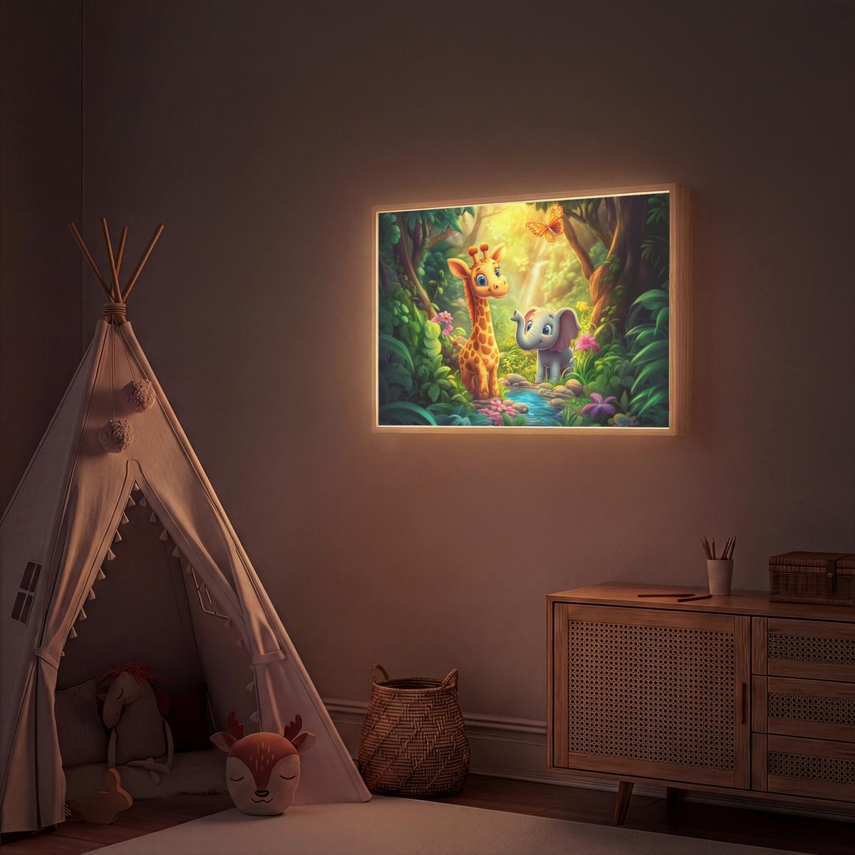 WANDLEUCHTE MIT AKKU Giraffe - Elefant - Blumen - Dschungel 100x70 cm - Grün, Holzwerkstoff (100/70/8cm) - OnlyWow