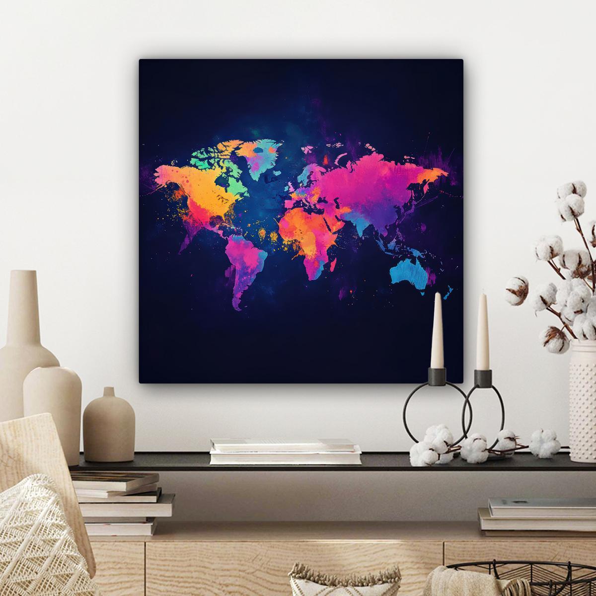 LEINWANDBILD Weltkarte - Bunt - Graffiti Wandbild Wohnzimmer 50x50 cm - Multicolor, Textil (50/50cm) - MuchoWow