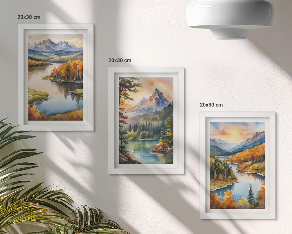 BILDER SET 3er Set - 20x30 cm Weißer Rahmen - Berglandschaften mit einem Fluss - Weiß, Kunststoff (20/30cm) - TULUP