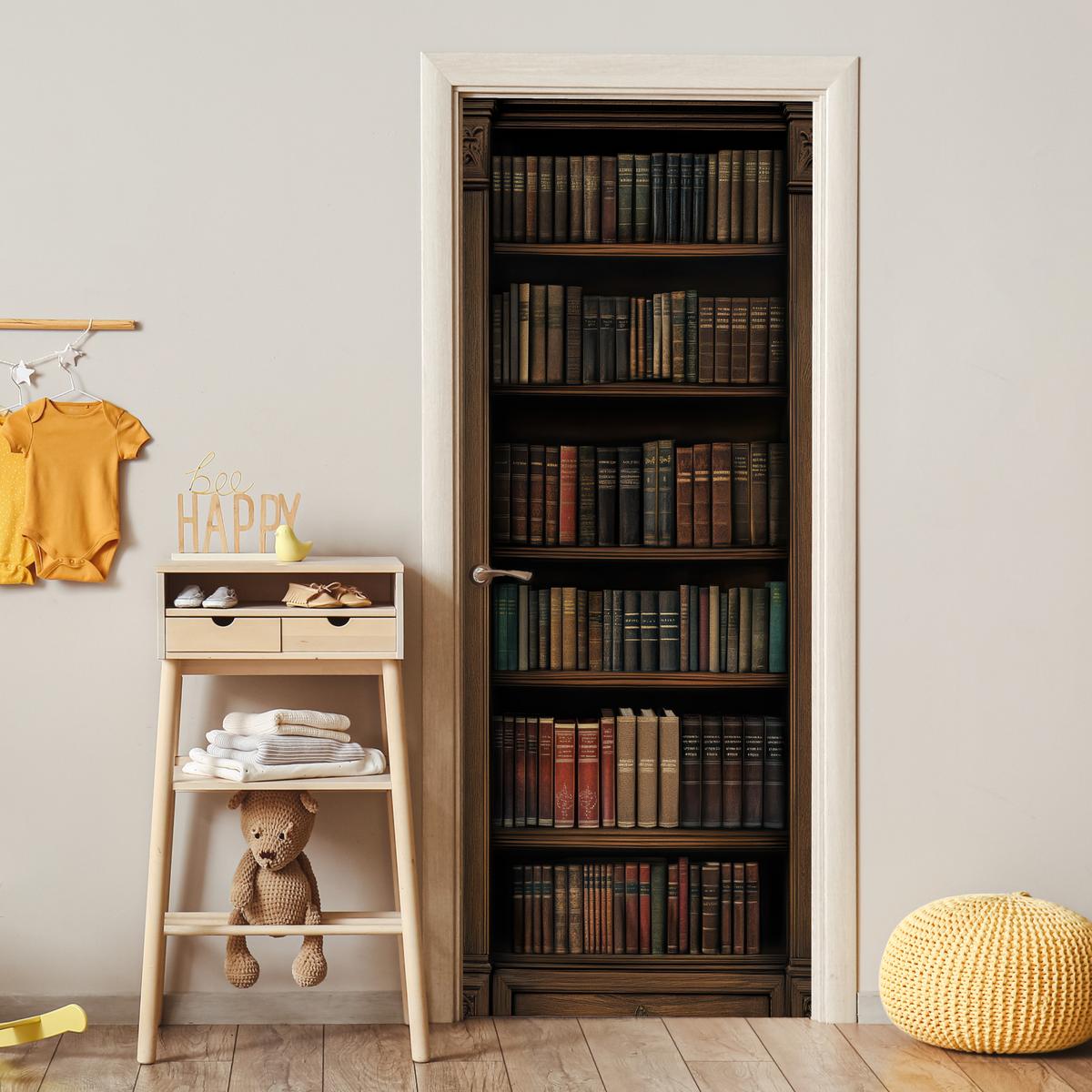 TÜRAUFKLEBER Bücherregal - Vintage - Braun 90x235 cm - Türtapete - Nussbaumfarben, Kunststoff (90/0.1cm) - MuchoWow
