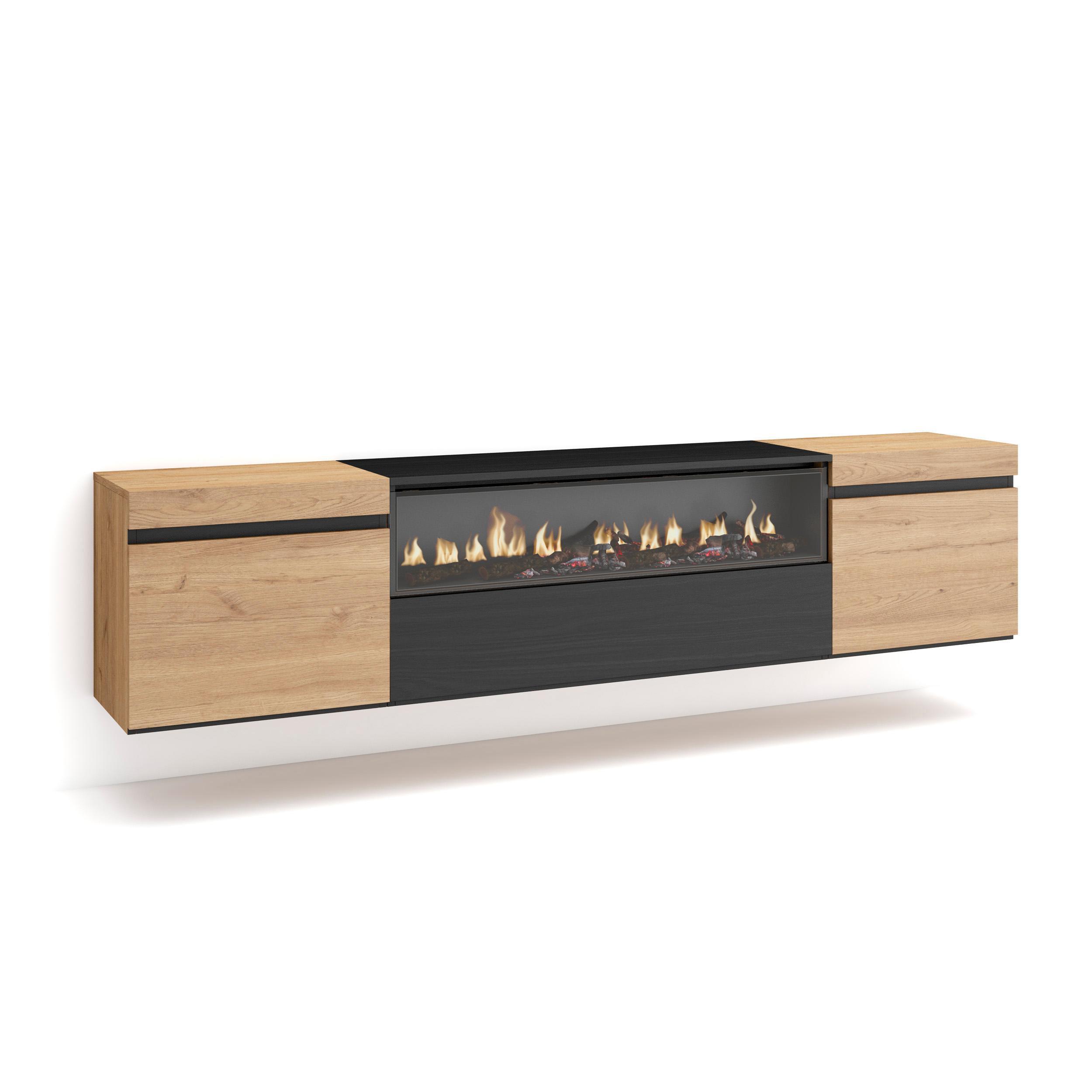 LOWBOARD mit Elektrokamin, Hängend, Eiche, Schwarz, 200/35/45cm - Eichefarben/Naturfarben, Holzwerkstoff (200/45/35cm) - Skraut Home