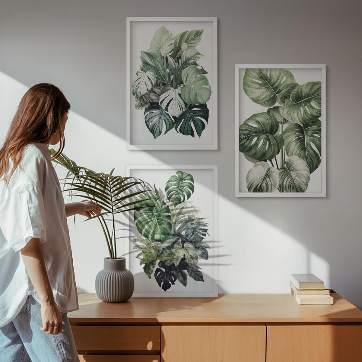 BILDER SET 3er Set - 40x60 cm Weißer Rahmen - Aquarell von grünen tropischen Blättern - Weiß, Kunststoff (40/60cm) - TULUP