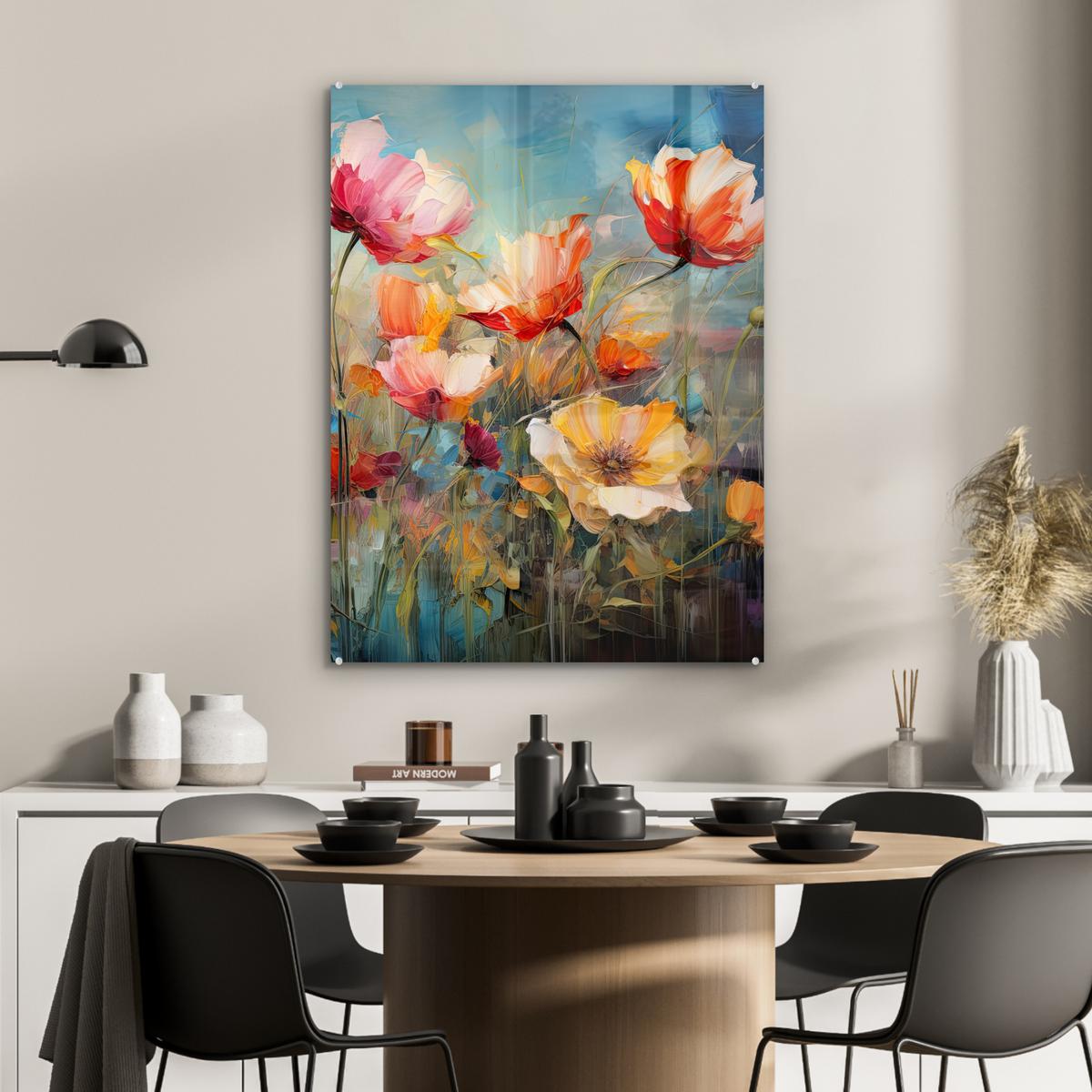 ACRYLGLASBILD Blumen - Aquarell - Kunst - Botanisch - Natur 60x80 cm - Orange, Glas (60/80cm) - MuchoWow