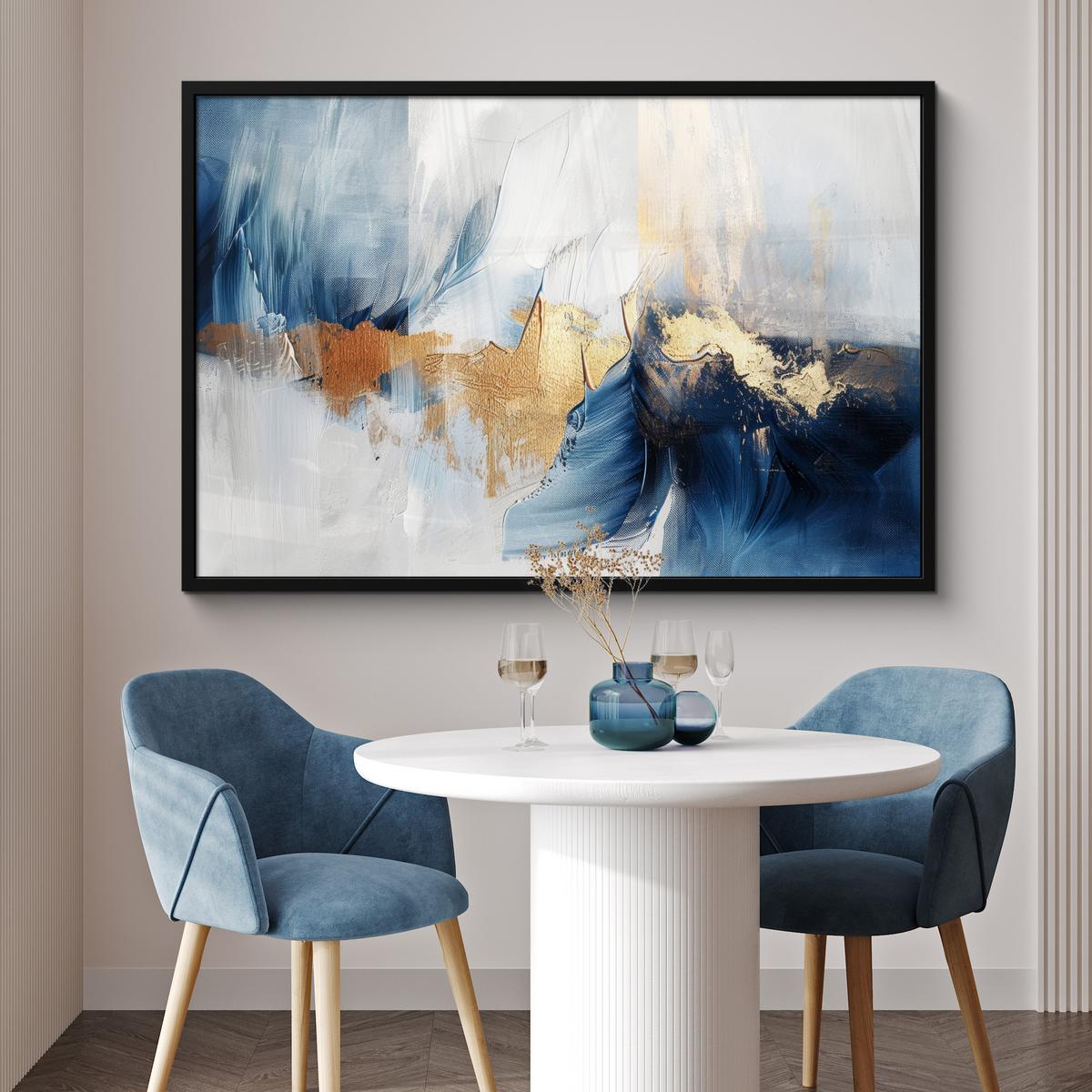 POSTER MIT RAHMENGERAHMTES BILD Gold - Blau - Aquarell - Kunst - Modern 120x80 cm - Hellblau, Papier (120/80cm) - MuchoWow
