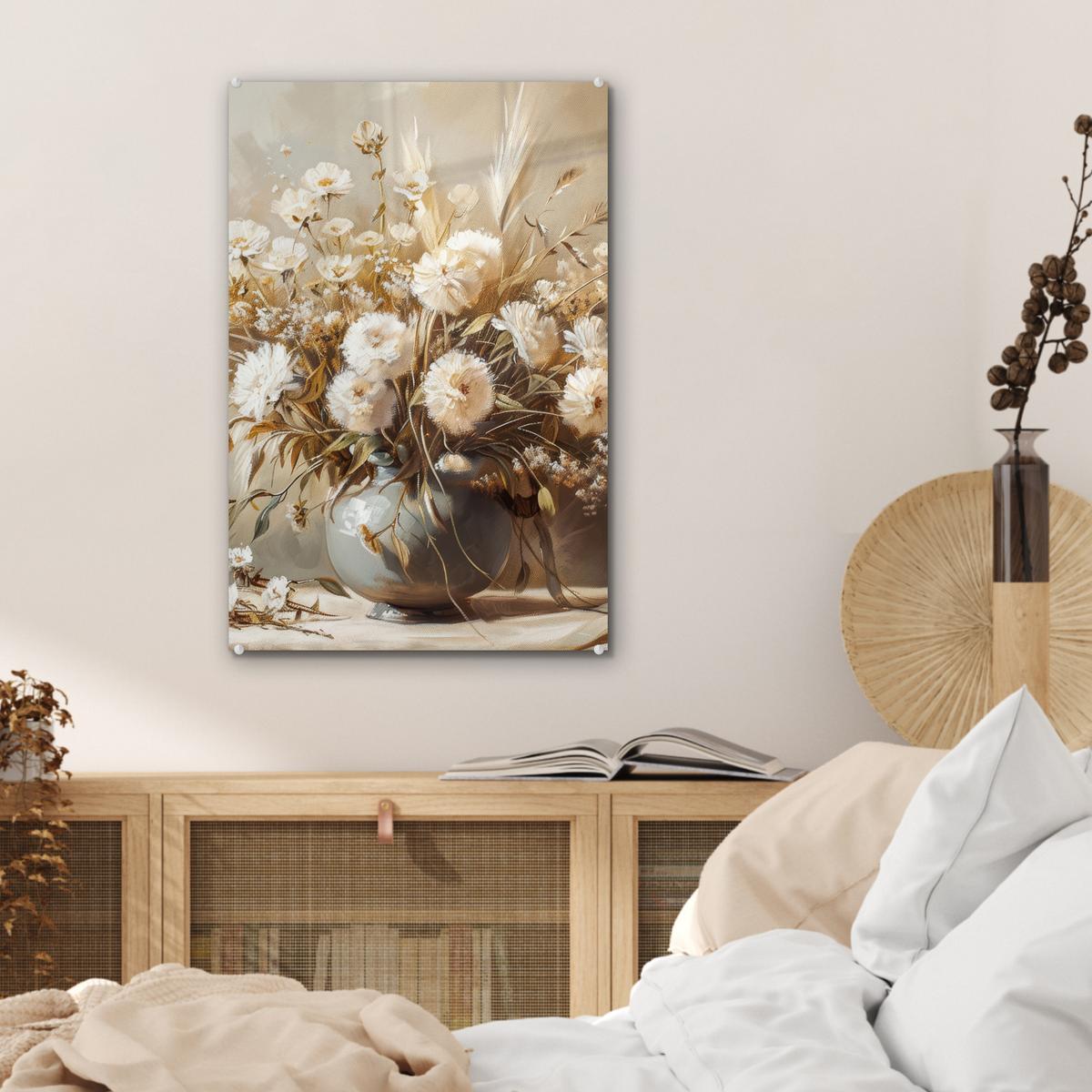 ACRYLGLASBILD Blumen - Vase - Stilleben - Beige Wanddeko Wohnzimmer 40x60 cm - Creme, Glas (40/60cm) - MuchoWow