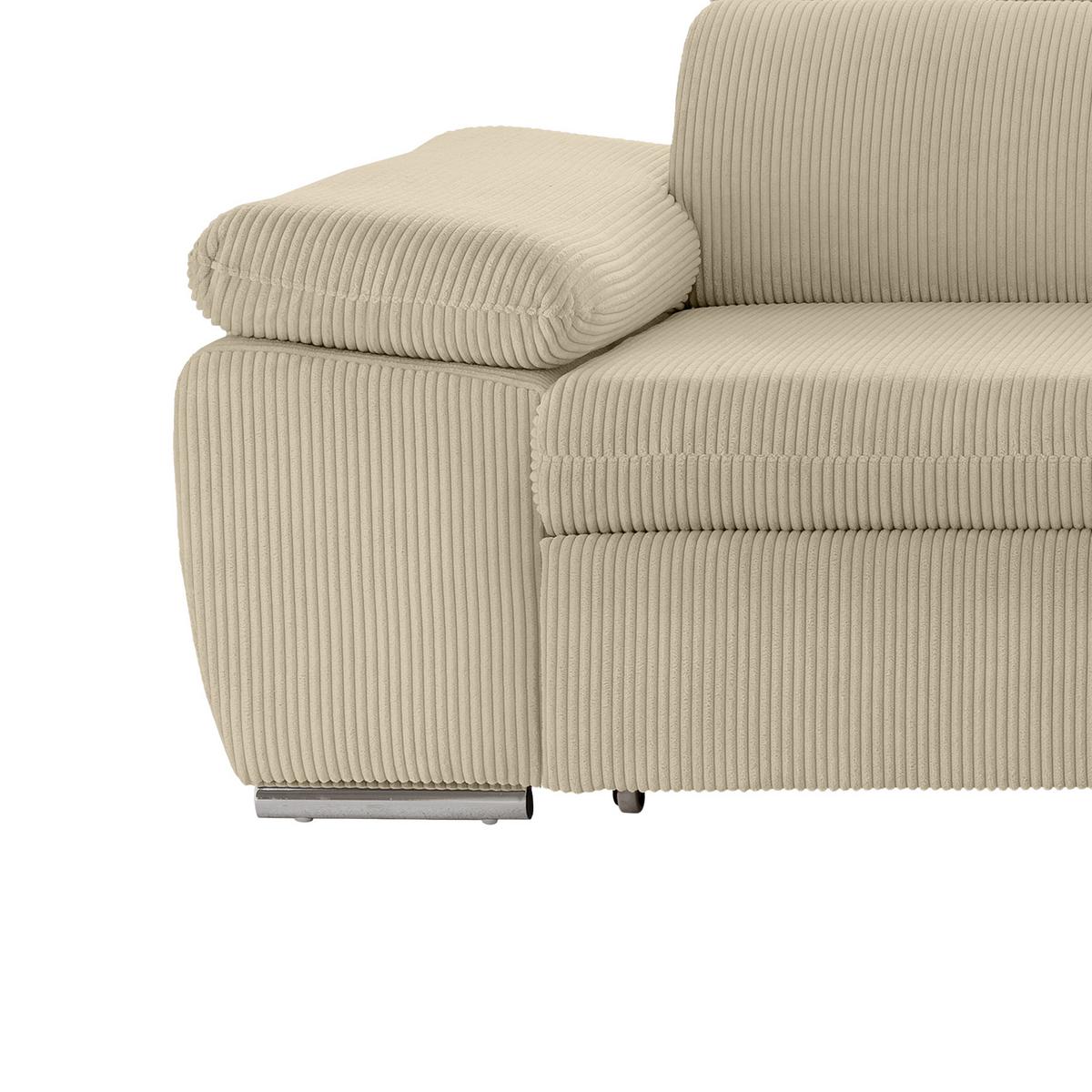 ECKSOFA mit Schlaffunktion, Bettkasten, Kopfstützen verstellbar, Wellenunterfederung, Ottomane rechts B283/T228/H102 cm, Cord Beige Grau / 17216 - Chromfarben/Greige, Textil/Metall (283/228cm) - luma-home