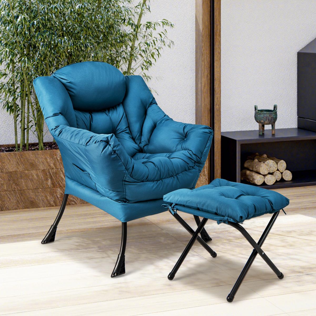 SESSEL mit Hocker Blau - Blau, Kunststoff (81/94.5/75cm) - COSTWAY