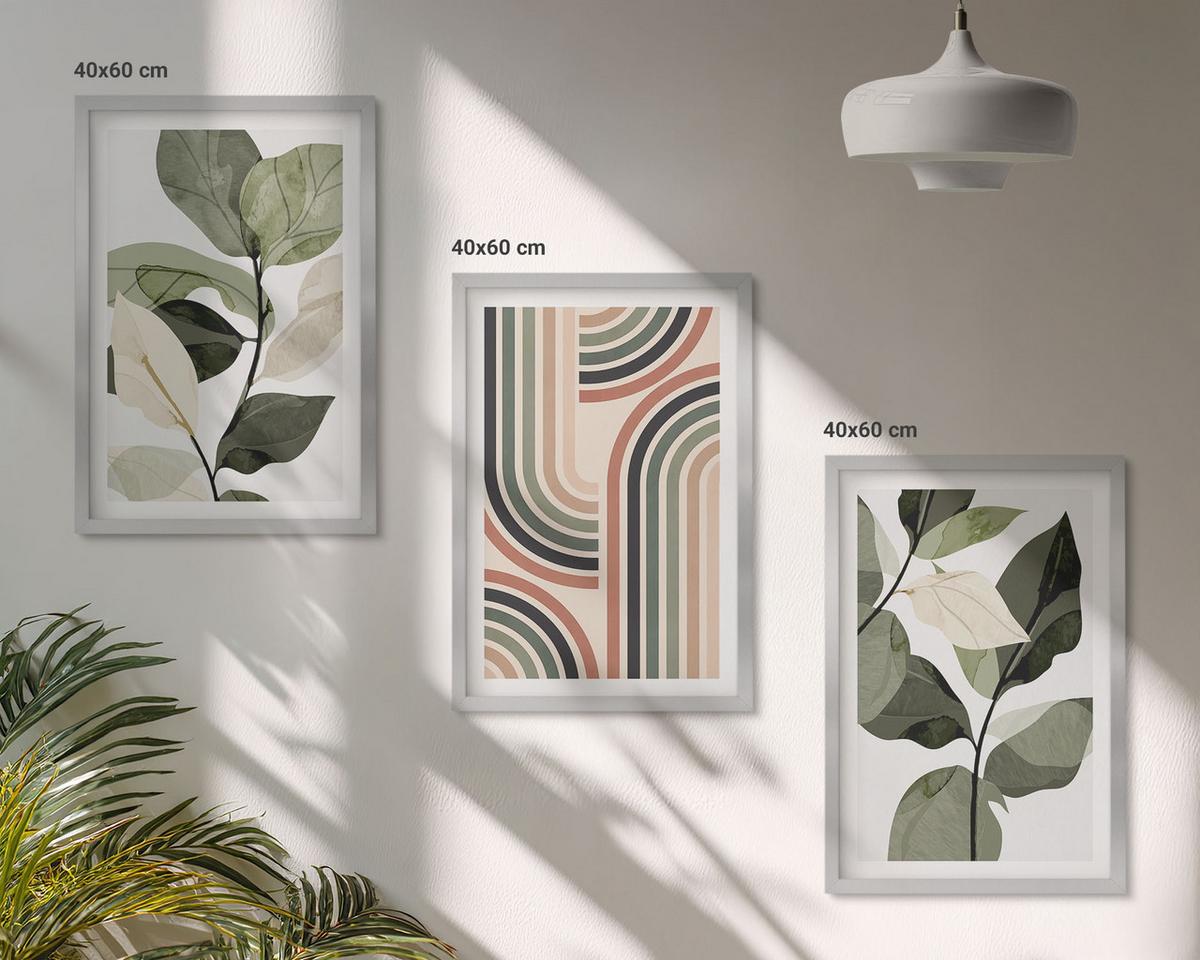 BILDER SET 3er Set - 40x60 cm Silberner Rahmen - Geometrische Pflanzenmotive - Silberfarben, Kunststoff (40/60cm) - TULUP