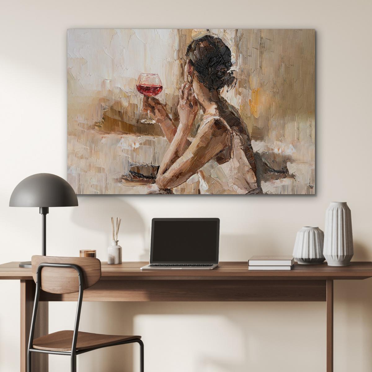 METALLBILD Ölgemälde - Frau - Wein Wanddeko 90x60 cm - Hellbraun, Metall (90/60cm) - MuchoWow