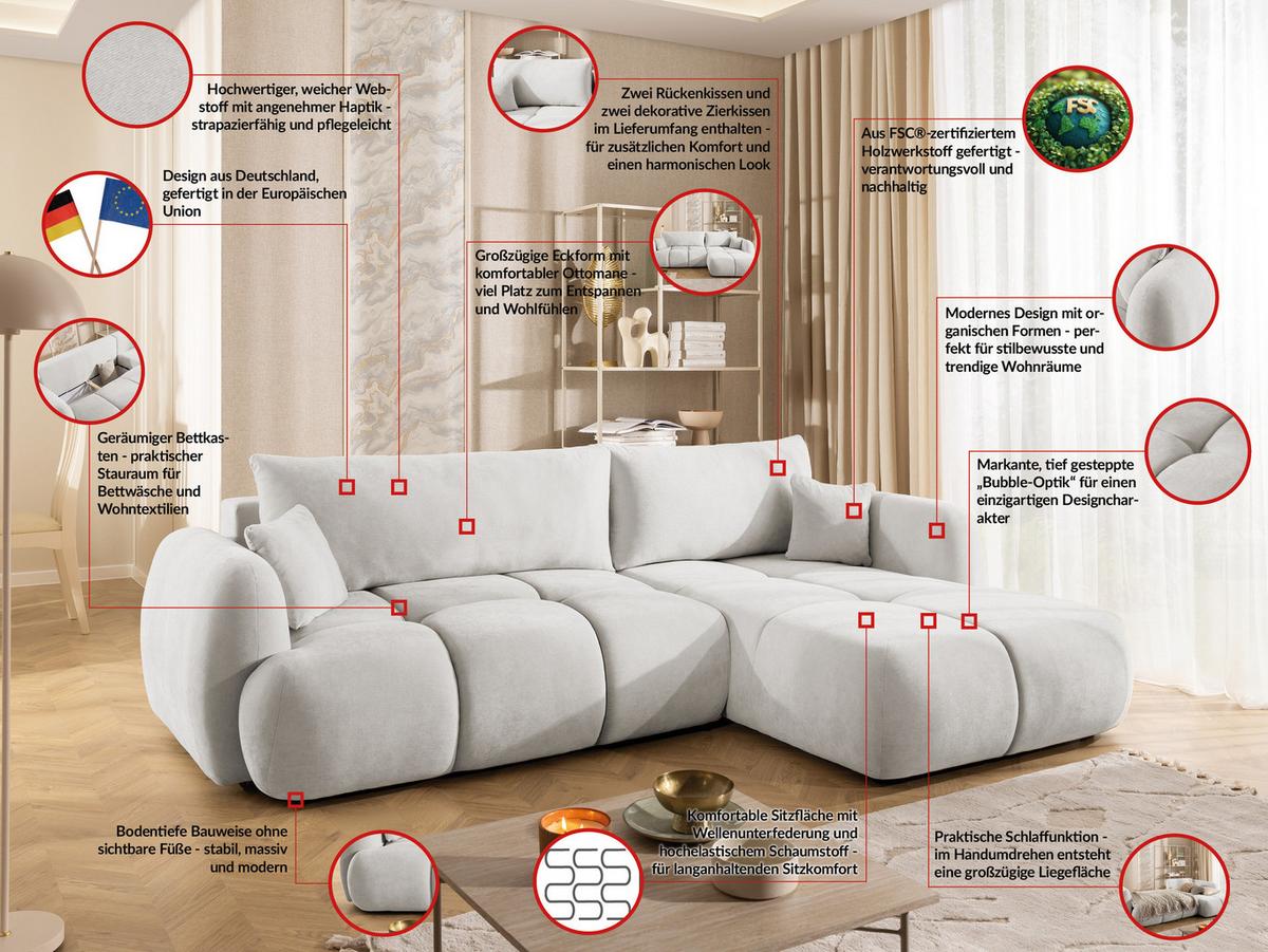 ECKSOFA Loretto aus natürlichem Creme Webstoff mit Schlaffunktion, Bettkasten und tiefen Steppungen in Bubble-Optik - Creme/Schwarz, Holz/Kunststoff (275/180cm) - S-Style