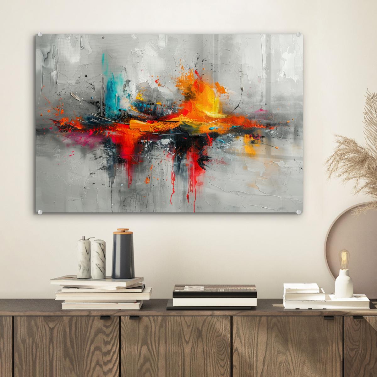 ACRYLGLASBILD Moderne Kunst - Orange - Grau - Abstrakt Wanddeko 60x40 cm - Hellgrau, Glas (60/40cm) - MuchoWow