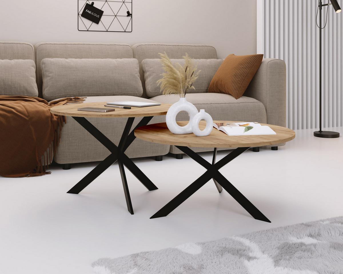COUCHTISCH-SET Lev 2er-Set rund, Craft Eiche 75/36, 58/42 - Eiche Wotan/Schwarz, Holzwerkstoff/Metall (75/75/42cm) - WFL GROUP