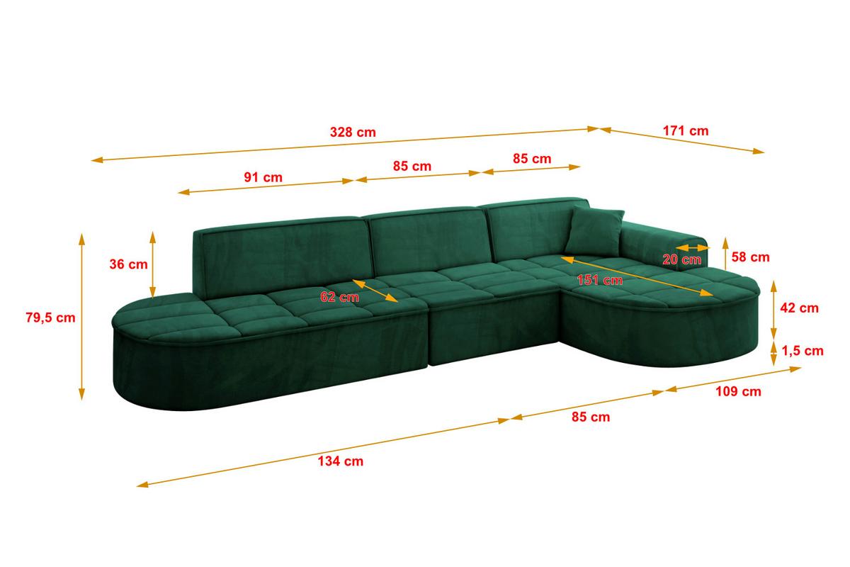 ECKSOFA Ottomane Rechts TARO-L2 - 328x171x79,5 cm Dunkelgrün - Grün, Holzwerkstoff/Textil (328/171cm) - ALTDECOR
