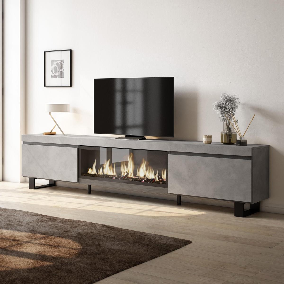 LOWBOARD, Tv-Schrank, mit Elektrokamin XXL, Zementgrau, 267/35/57cm - Grau, Holzwerkstoff (267/57/35cm) - Skraut Home