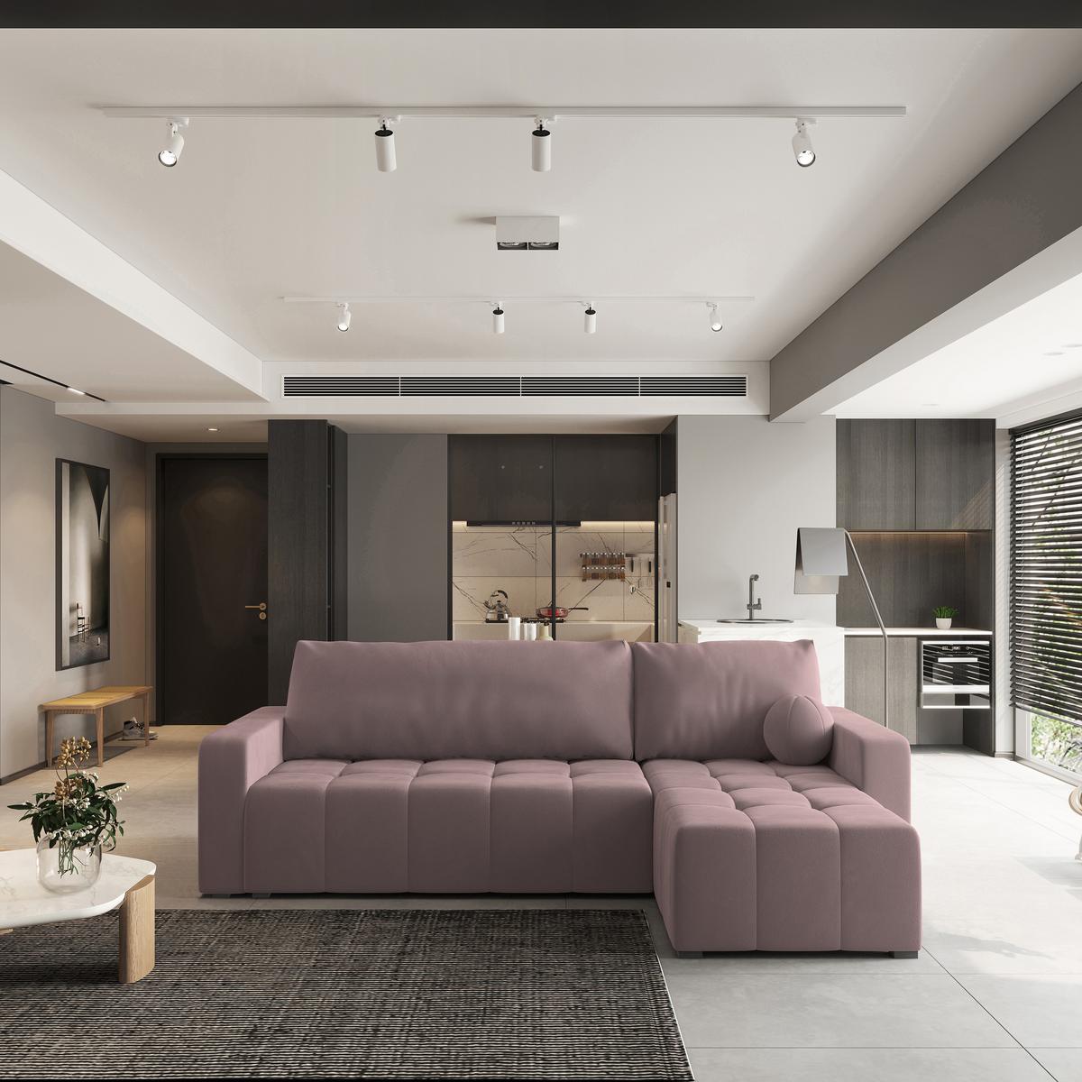 ECKSOFA VOLIRA Rosa Plüsch-Stoff mit Schlaffunktion - Rosa, Holz (230/143cm) - MASSENO