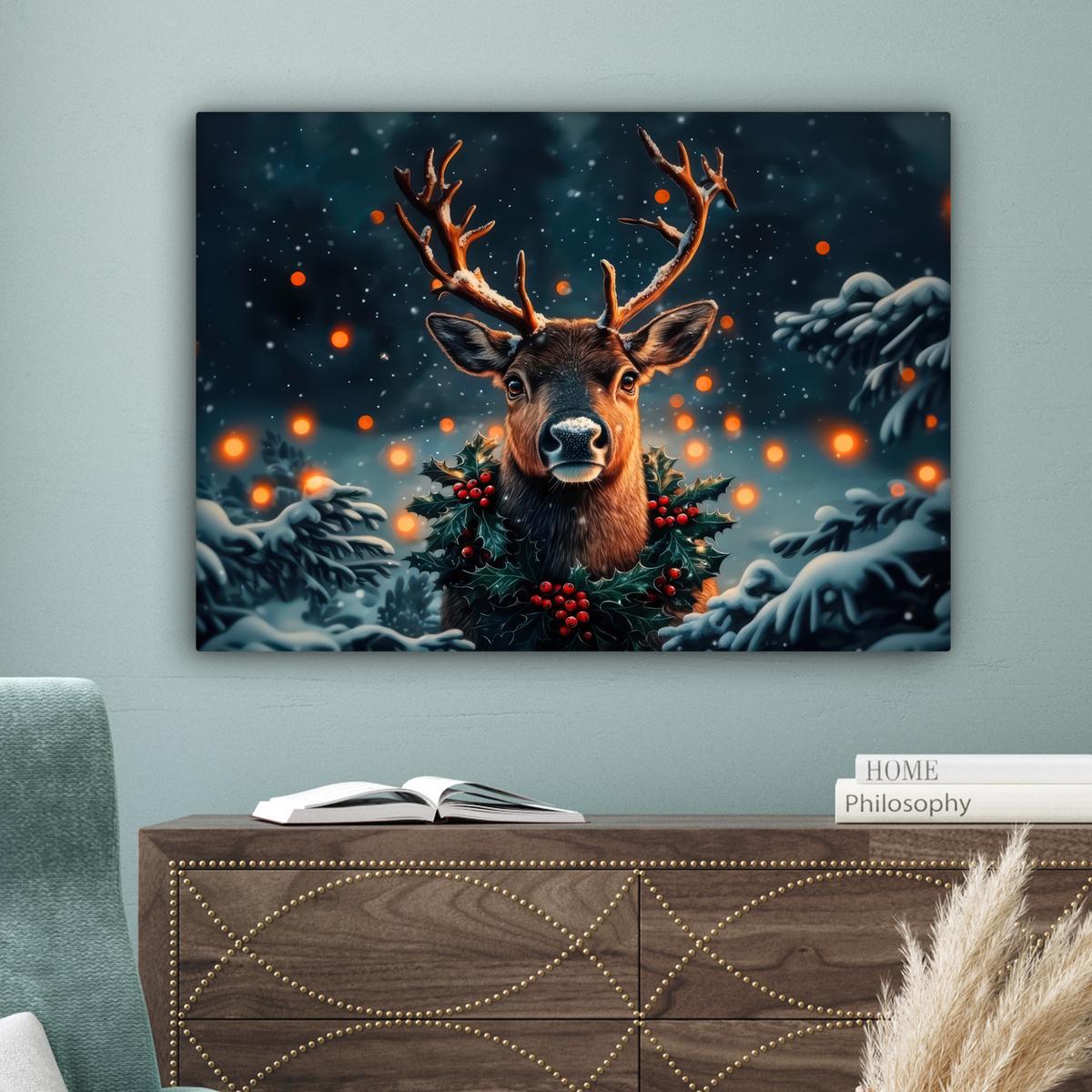 LEINWANDBILD Hirsch - Weihnachten - Winter - Schnee - Weihnachtskranz Wandbilder 80x60 cm - Dunkelbraun, Textil (80/60cm) - MuchoWow