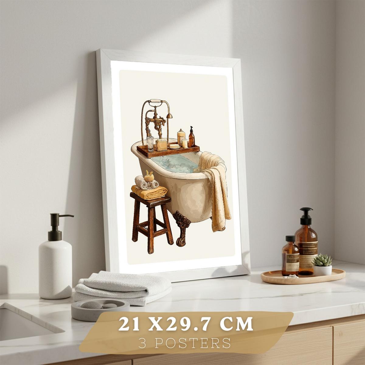 POSTER 3er-Set dekorative Badezimmer-Wandbilder und, eleganter Vintage-Stil für Waschbecken, Dusche, WC mit Badewanne, Blumen und Spiegel Rahmenlos A4 - Klar, Papier (29.7/21/3cm) - Nacnic