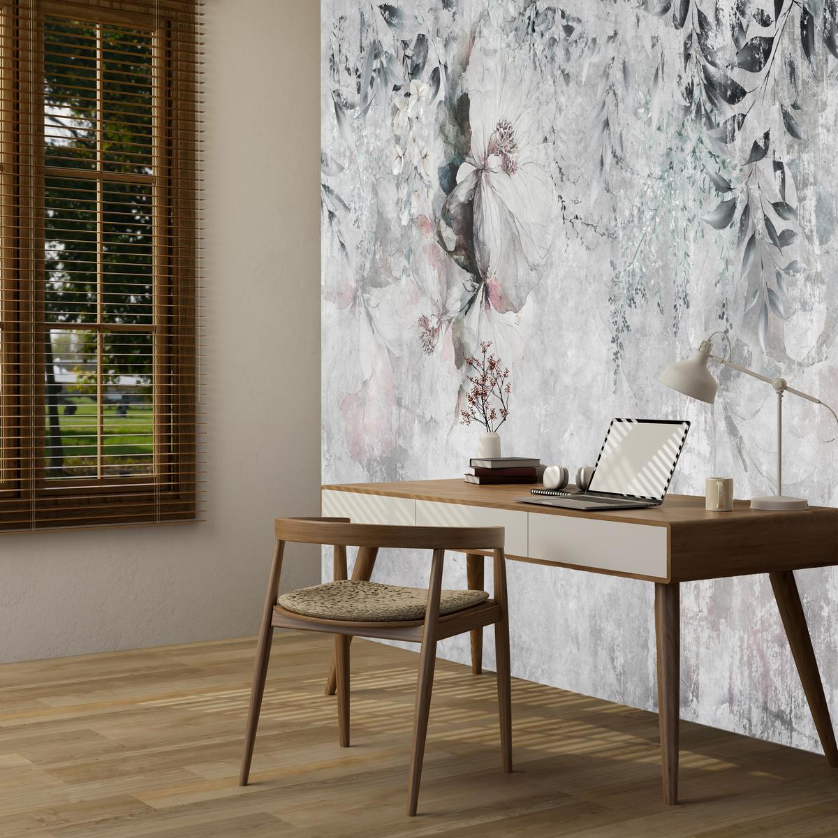 FOTOTAPETE für Büro Zarte Blätter Grau Betonwand Blumen Natur 150x105 - Grau, Papier (150/105cm) - Muralo