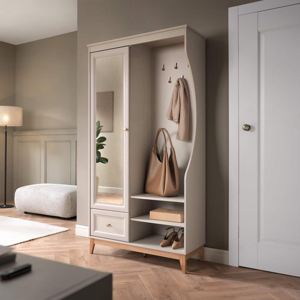 GARDEROBENSCHRANK Charlott mit Spiegel und Schublade, Kaschmir - Kaschmir/Eichefarben, Holz/Holzwerkstoff (100/193/35cm) - Beautysofa