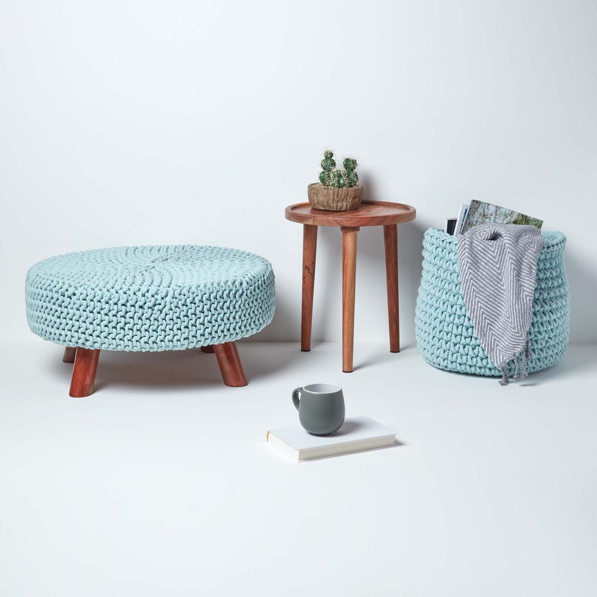 STRICK-HOCKER pastellblau, rund 62/62/30 cm - Hellblau, Textil (62/30/62cm) - Homescapes