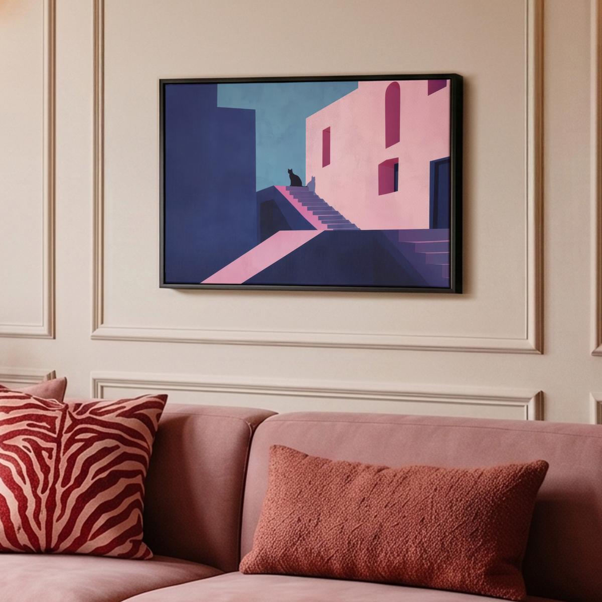 LEINWAND Bilder mit Rahmen - Katze - Treppe - Gebäude - Schattenkontraste - 60x40 - Dunkelblau, Textil (60/40cm) - MuchoWow