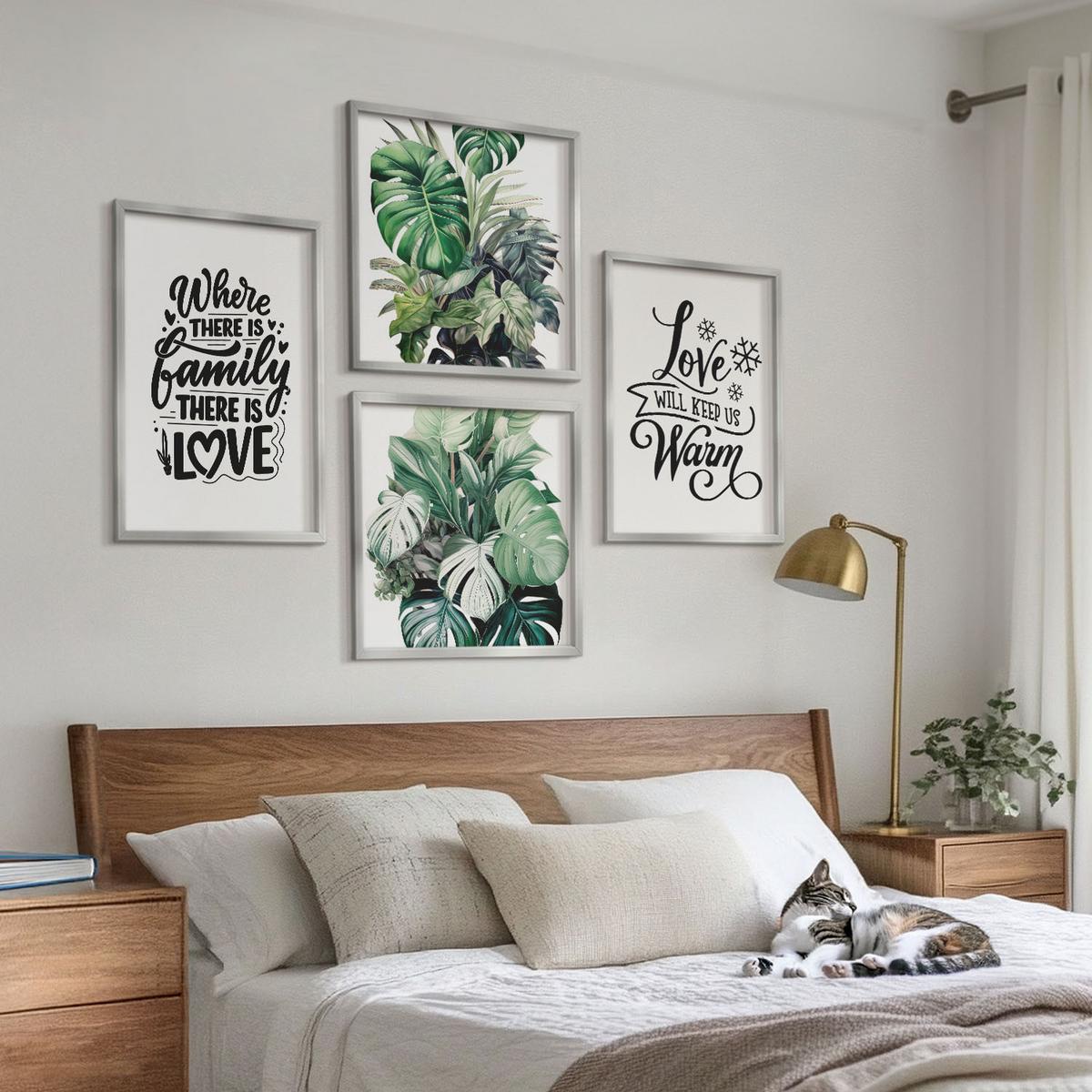 BILDER SET 4er Set - 50x50 cm & 40x60 cm Silberner Rahmen - Familie liebt Zuhause Aquarell - Silberfarben, Kunststoff (50/50cm) - TULUP