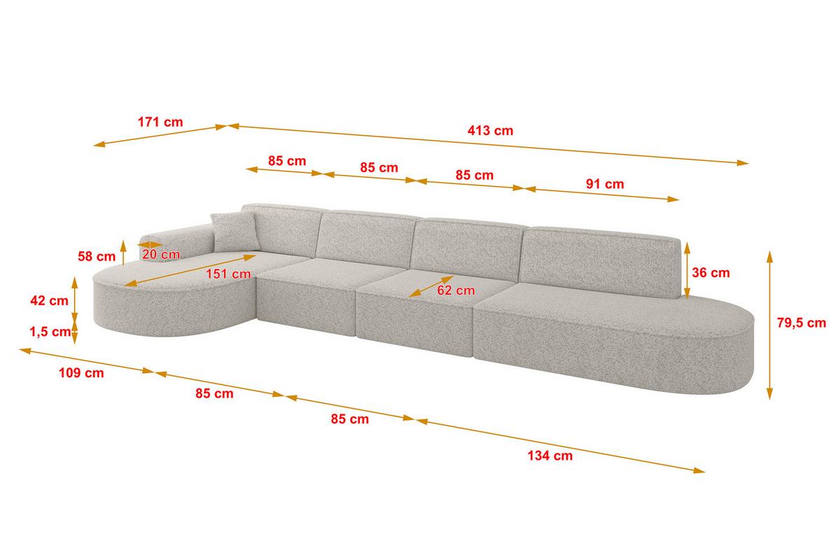 ECKSOFA Ottomane Links MARI-L3 - 413x171x79 cm Hellgrau Tissu - Hellgrau/Schwarz, Holzwerkstoff/Kunststoff (413/171cm) - ALTDECOR