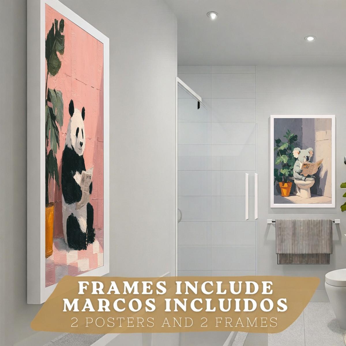 POSTER 2er-Set dekorative Badezimmer-Kunstdrucke und lustige für Wand, Waschbecken, Toilette mit lesenden Tieren im Badezimmer, Stil Weißer Rahmen A3 - Weiß, Papier (42/29.7/3cm) - Nacnic
