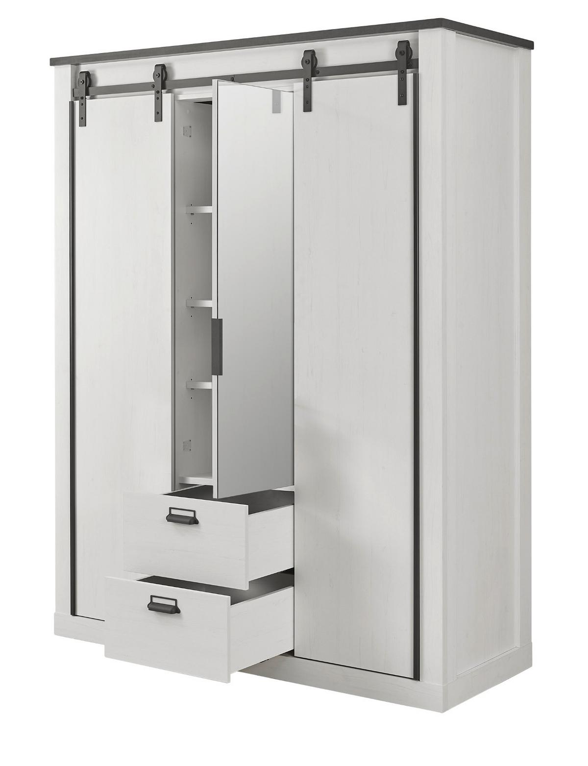 KLEIDERSCHRANK weiß Pinie, anthrazit Landhaus, Schiebetürenschrank 3-türig mit Spiegel 163 x 209 - Anthrazit/Weiß, Holzwerkstoff/Metall (162/209/63cm) - Furn.Design