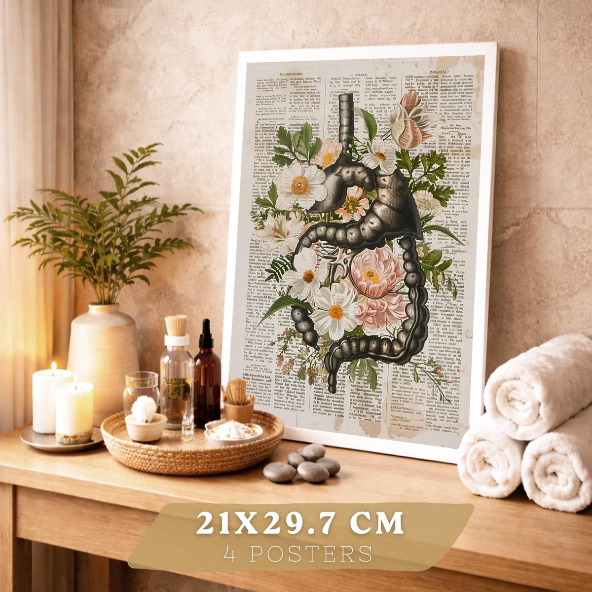 POSTER Set aus 4 Anatomie Mensch Botanische Drucke und mit Organen Herz Verdauungssystem Schädel und Becken Heimdekoration Größe Weißer Rahmen A4 - Weiß, Papier (21/29.7/3cm) - Nacnic