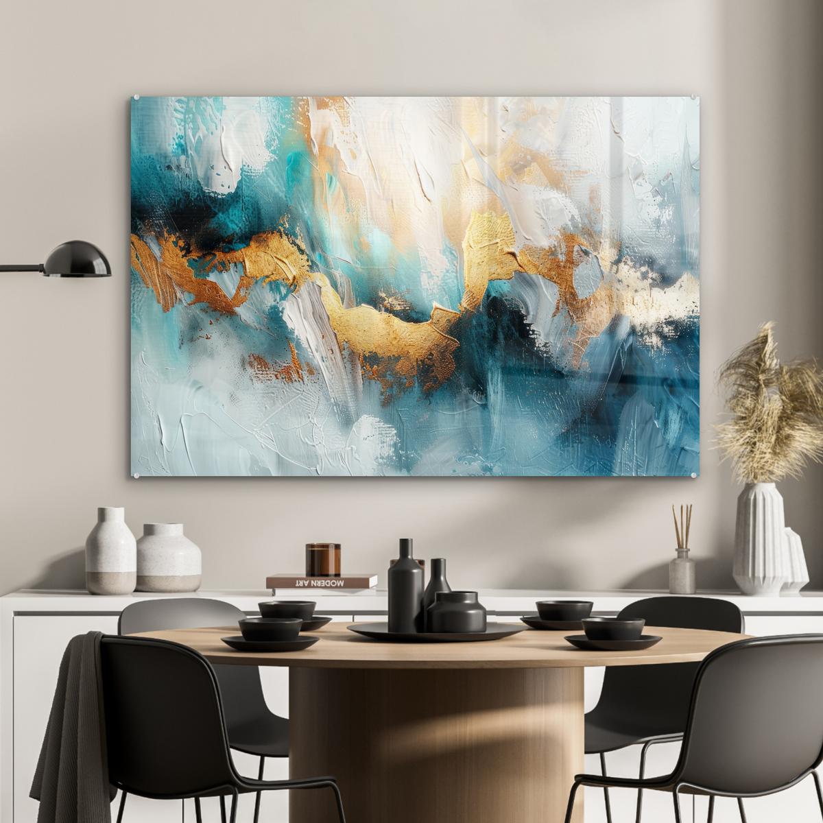 ACRYLGLASBILD Abstrakt - Kunst - Gold - Blau Wandbild Schlafzimmer 120x80 cm - Petrol, Glas (120/80cm) - MuchoWow