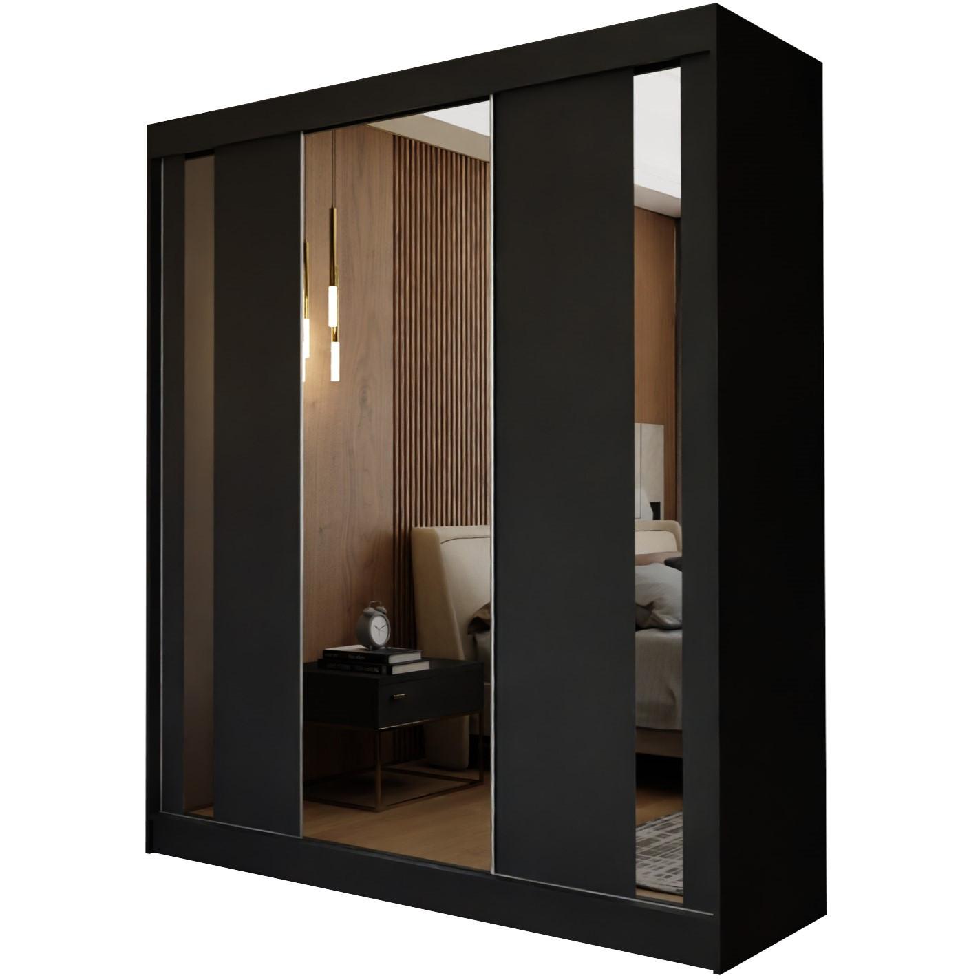 SCHWEBETÜRENSCHRANK GRAZIA 180/216/61 cm 3-türig mit Spiegel Schwarz - Schwarz, Holzwerkstoff (180/216/61cm) - MASSENO